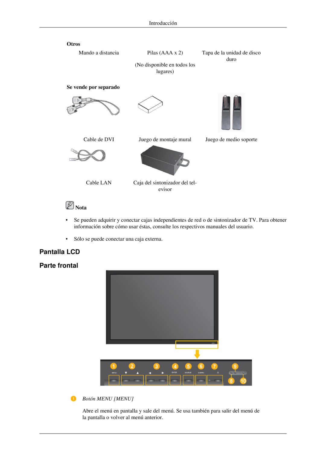 Samsung LH46TCTMBC/EN, LH40TCTMBC/EN manual Pantalla LCD Parte frontal, Se vende por separado 