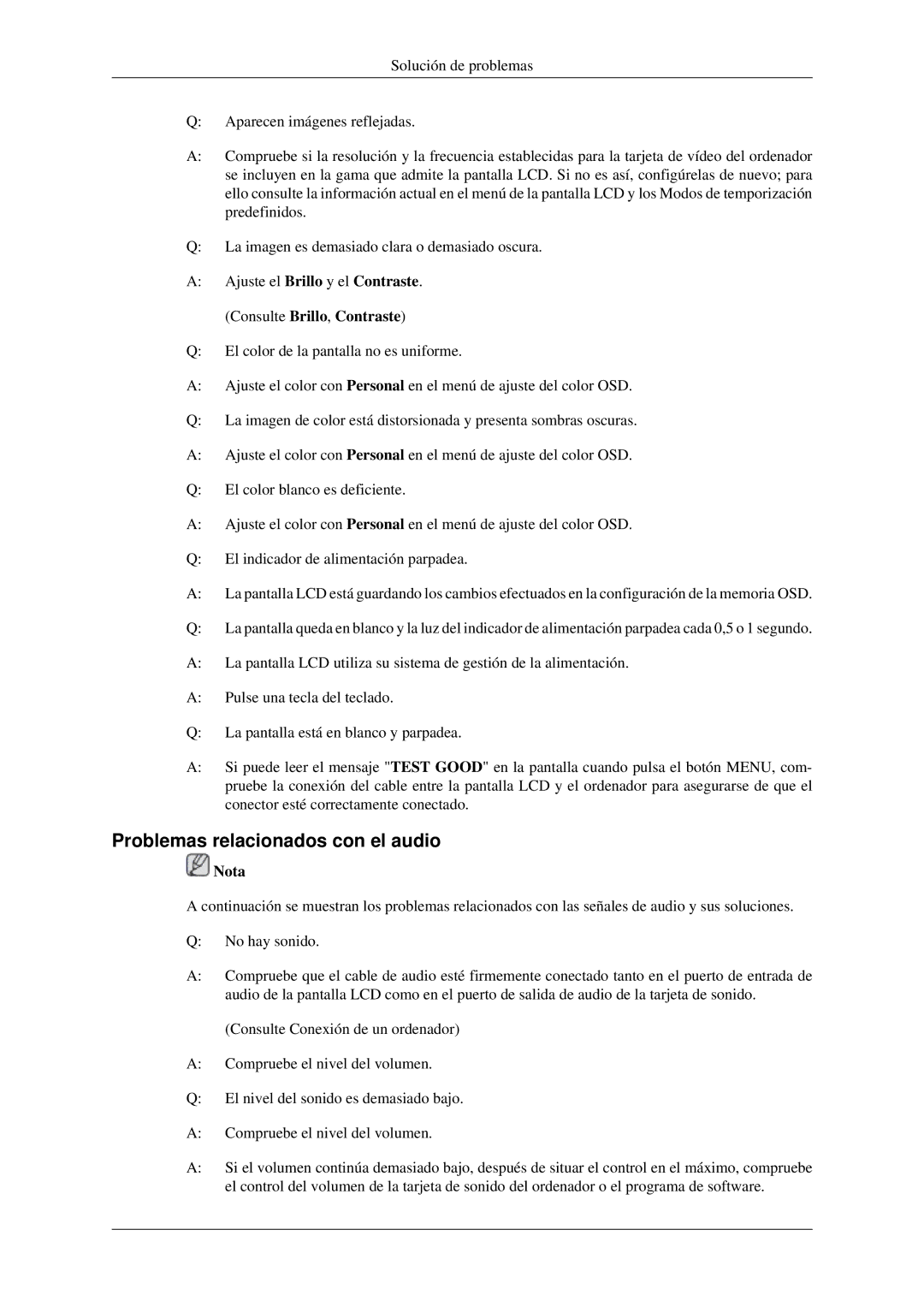 Samsung LH40TCTMBC/EN, LH46TCTMBC/EN manual Problemas relacionados con el audio, Consulte Brillo, Contraste 