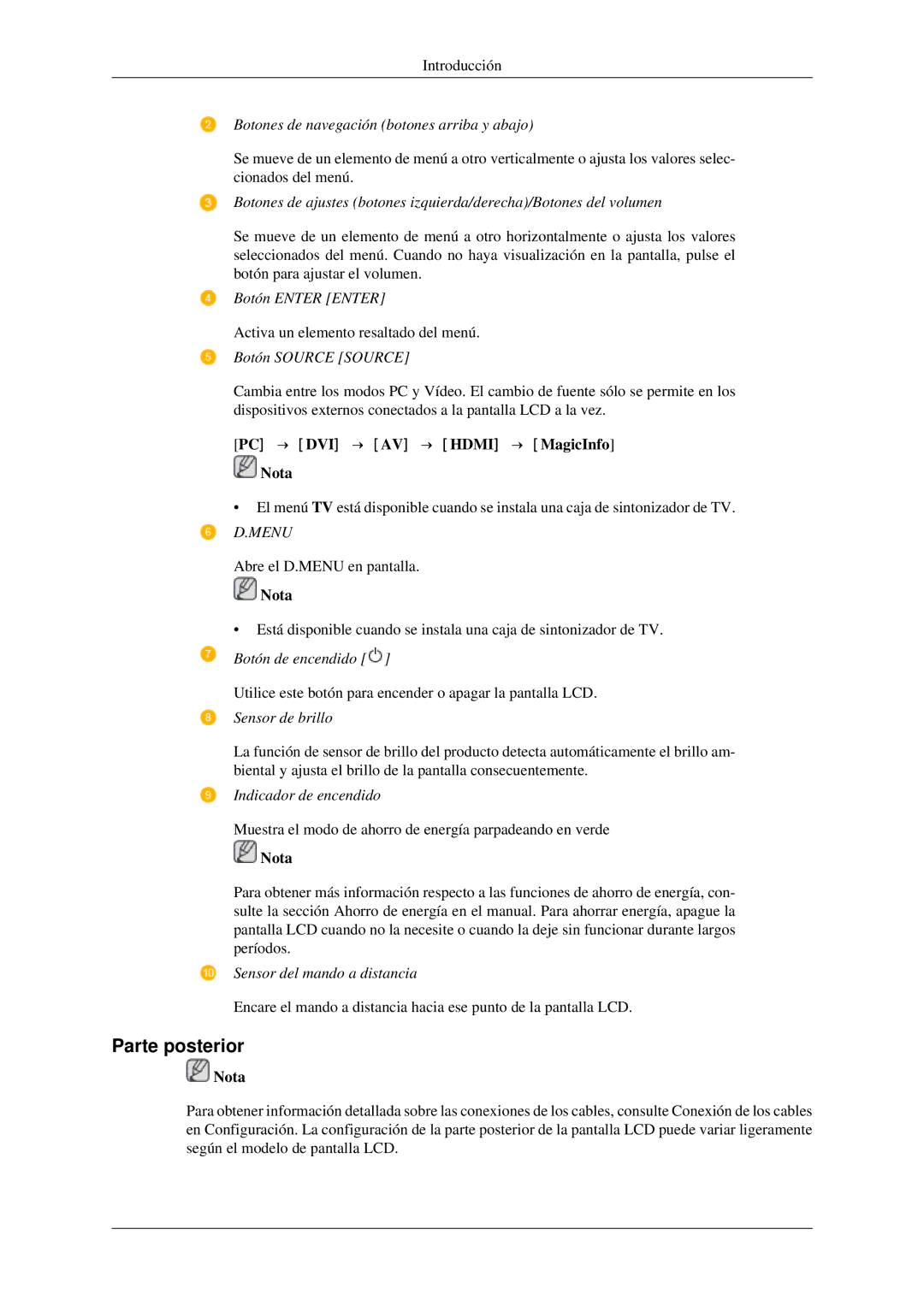 Samsung LH40TCTMBC/EN, LH46TCTMBC/EN manual Parte posterior, PC → DVI → AV → Hdmi → MagicInfo Nota 