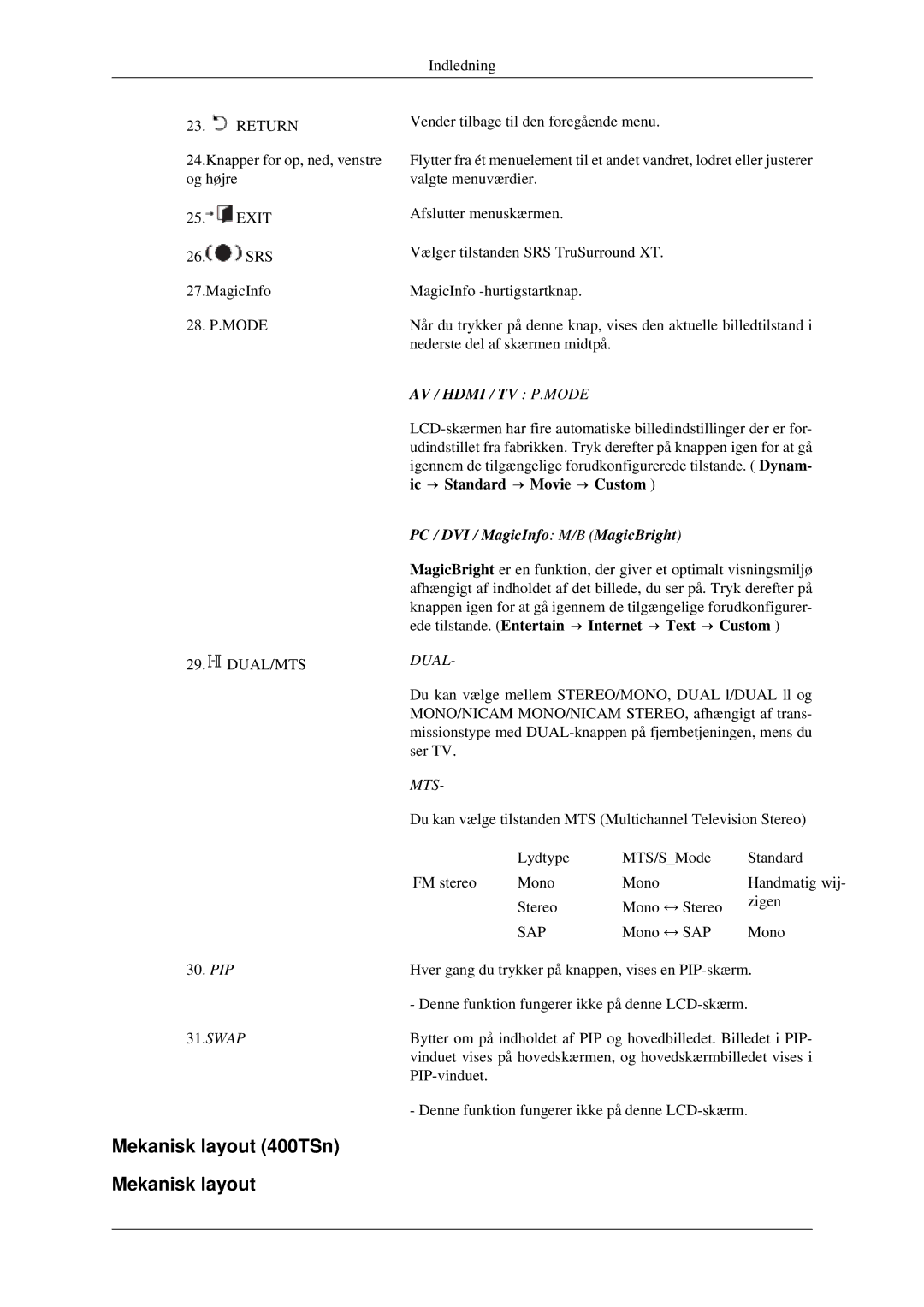 Samsung LH46TCTMBC/EN, LH40TCTMBC/EN manual Mekanisk layout 400TSn, AV / Hdmi / TV P.MODE 