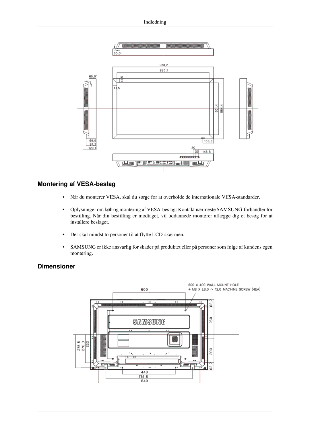 Samsung LH40TCTMBC/EN, LH46TCTMBC/EN manual Montering af VESA-beslag, Dimensioner 