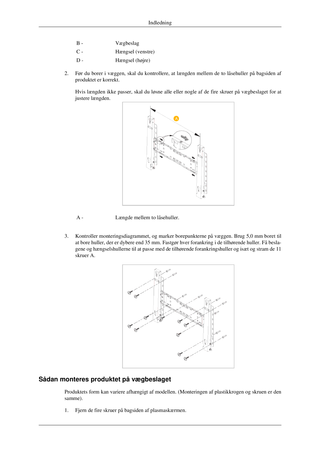 Samsung LH40TCTMBC/EN, LH46TCTMBC/EN manual Sådan monteres produktet på vægbeslaget 