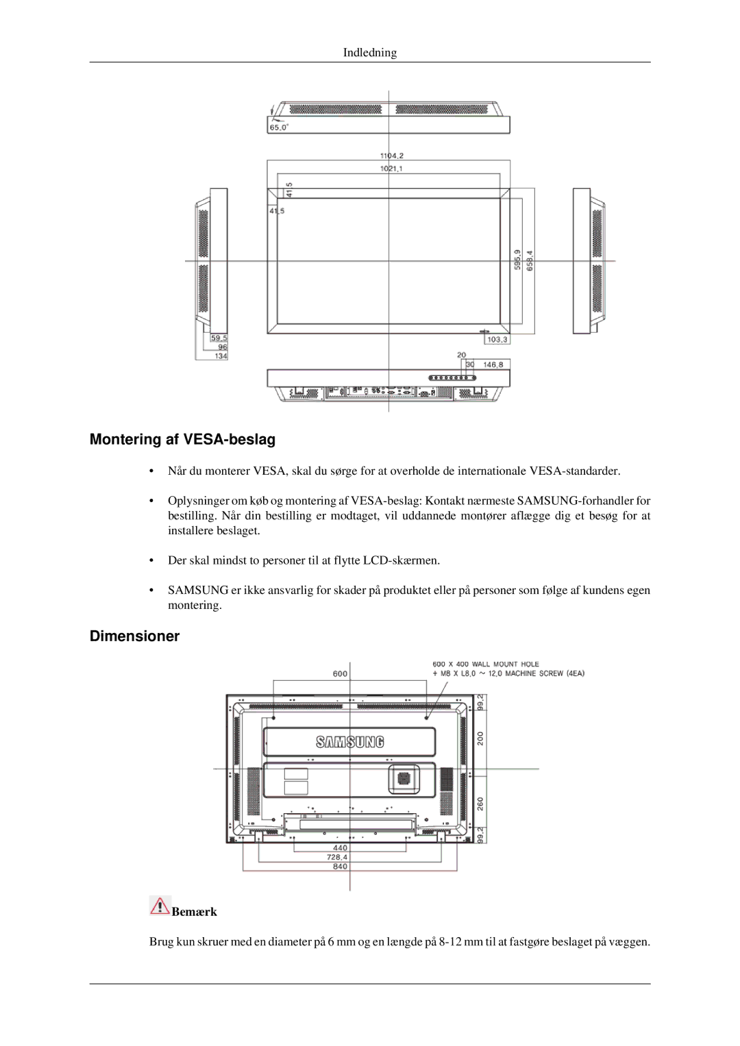 Samsung LH46TCTMBC/EN, LH40TCTMBC/EN manual Montering af VESA-beslag 