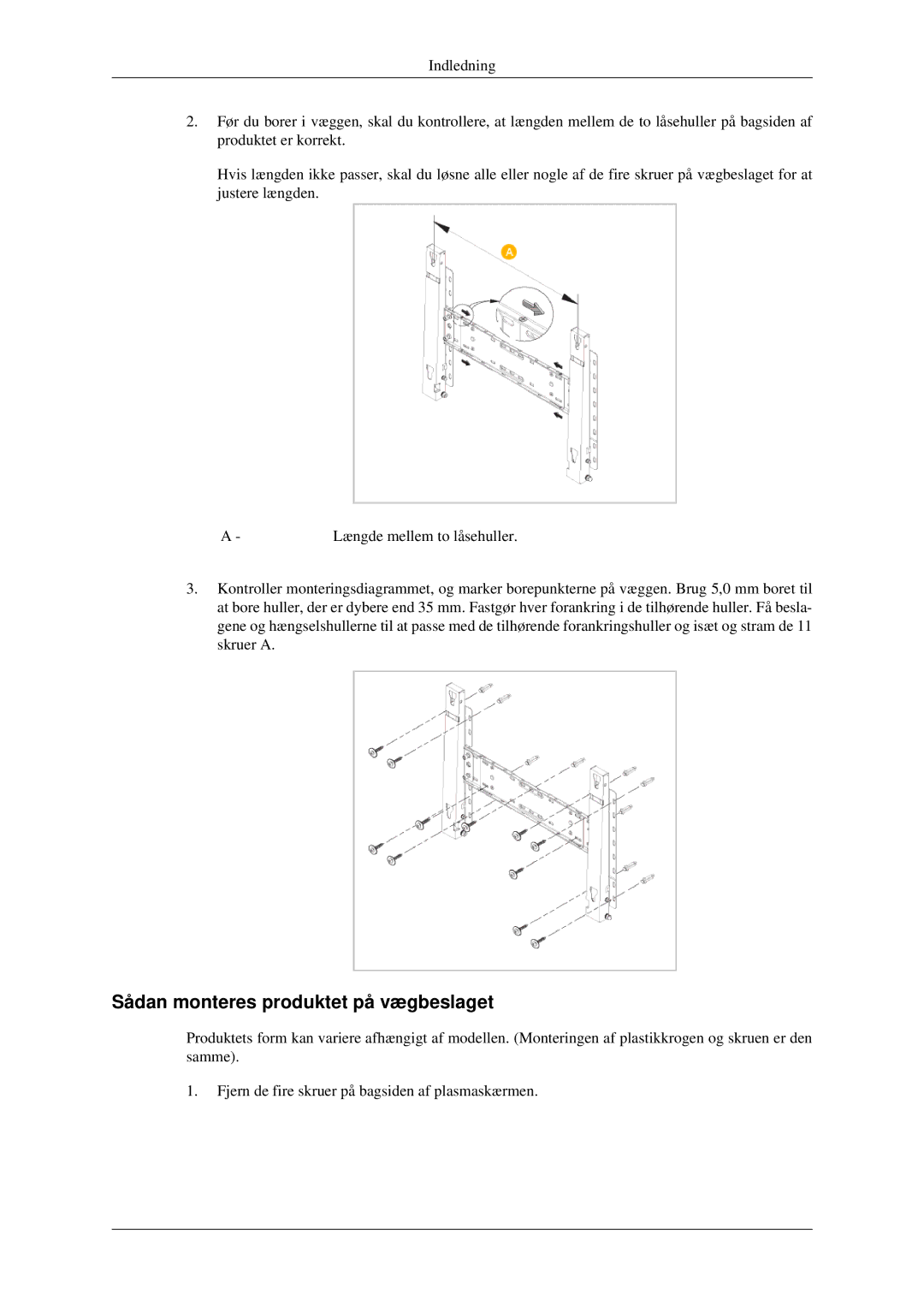 Samsung LH46TCTMBC/EN, LH40TCTMBC/EN manual Sådan monteres produktet på vægbeslaget 