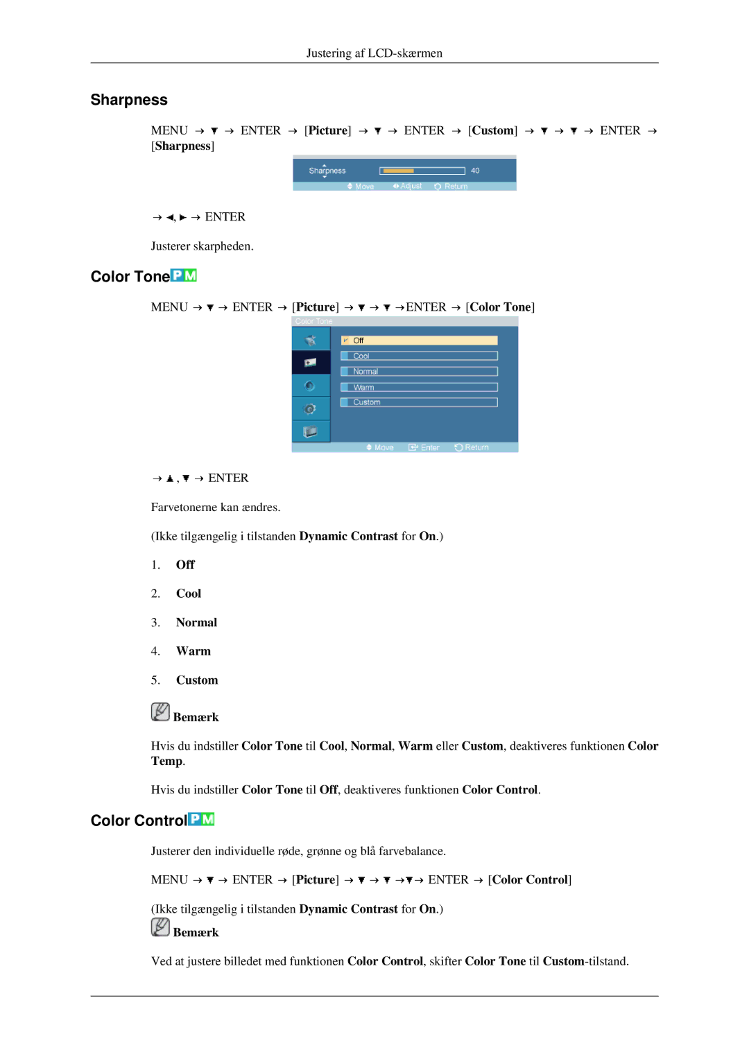 Samsung LH46TCTMBC/EN, LH40TCTMBC/EN manual Sharpness, Color Tone, Color Control, Off Cool Normal Warm Custom Bemærk 