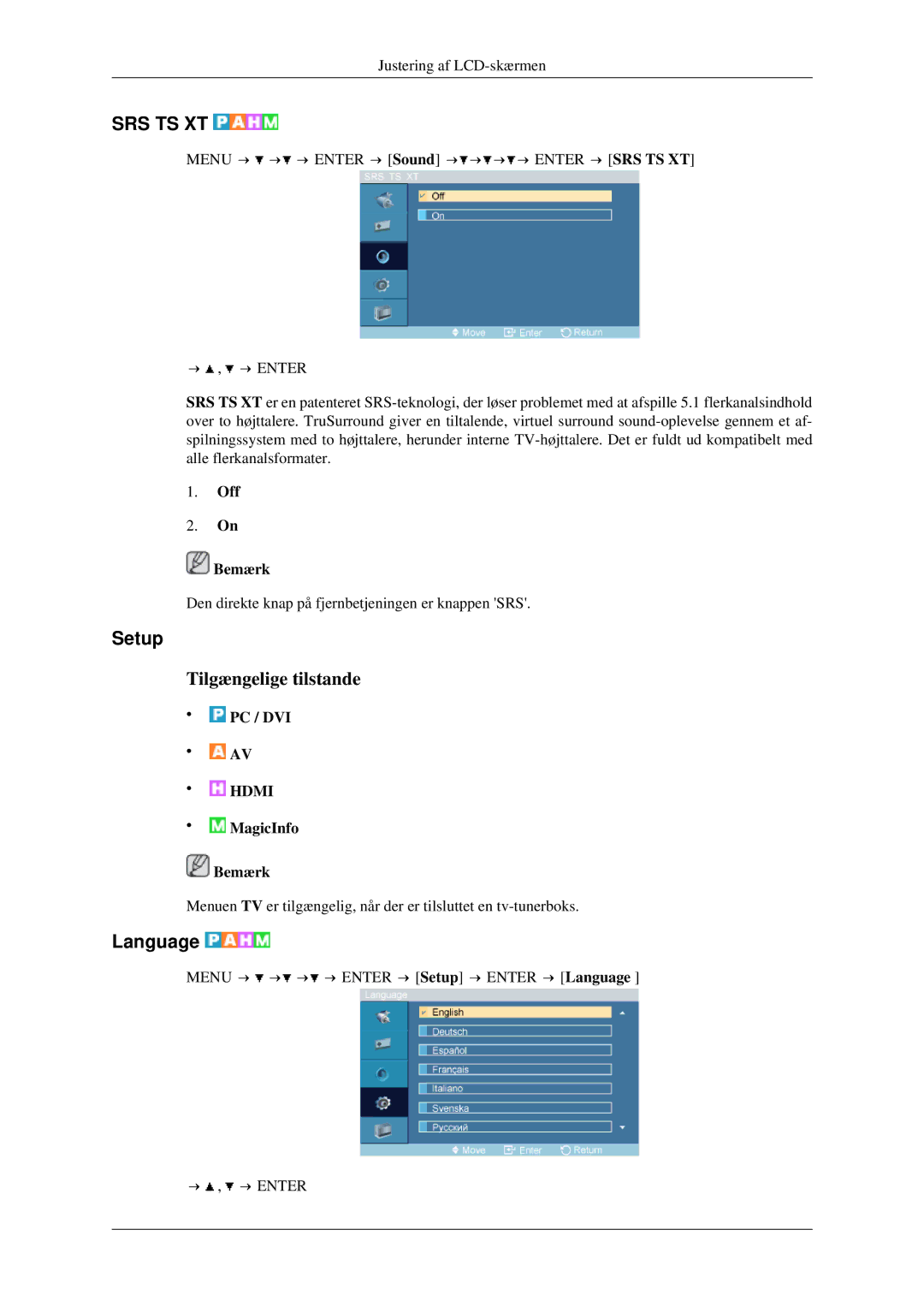 Samsung LH46TCTMBC/EN, LH40TCTMBC/EN manual Setup, Language, Off Bemærk 