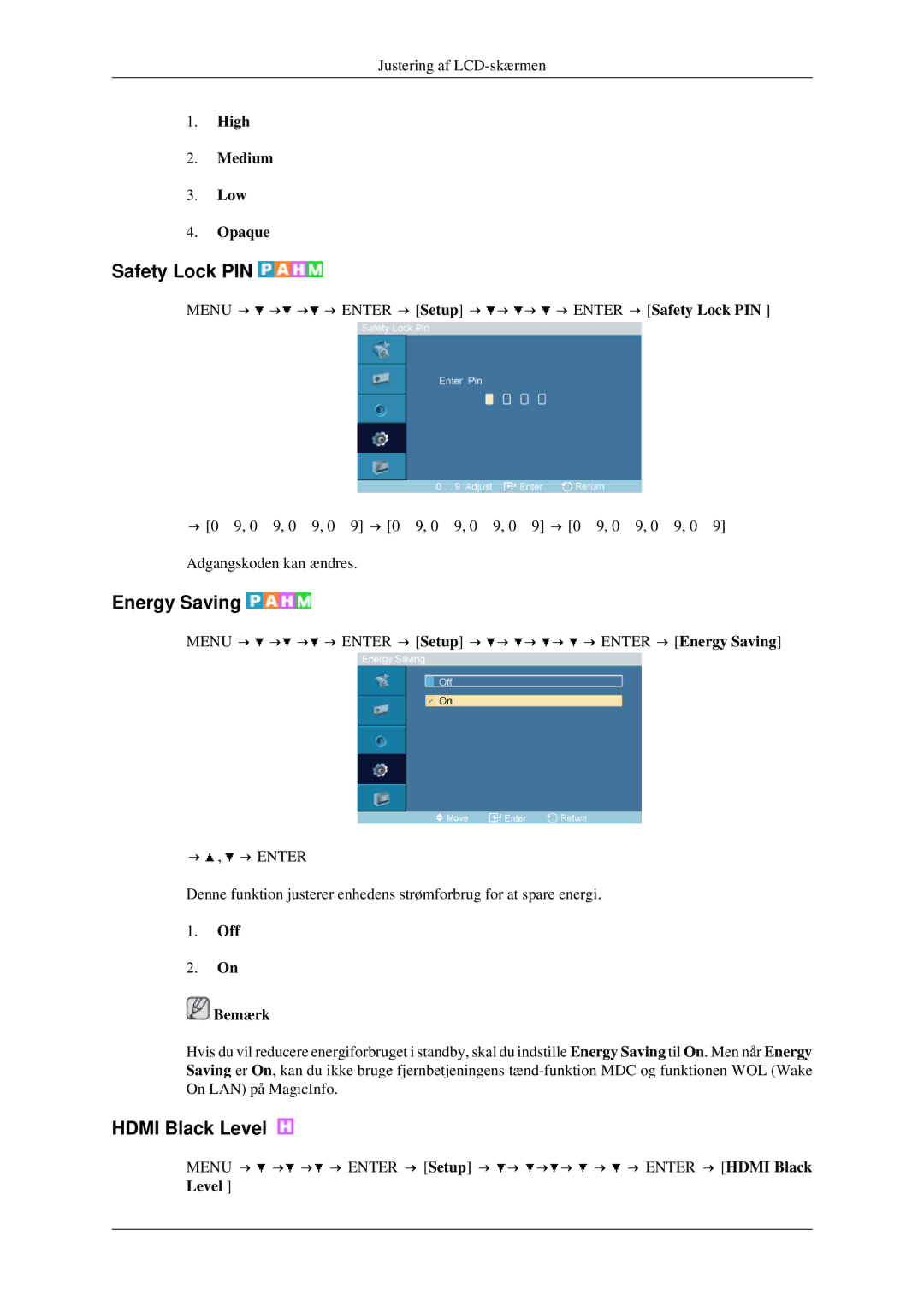 Samsung LH40TCTMBC/EN, LH46TCTMBC/EN manual Safety Lock PIN, Energy Saving, Hdmi Black Level, High Medium Low Opaque 