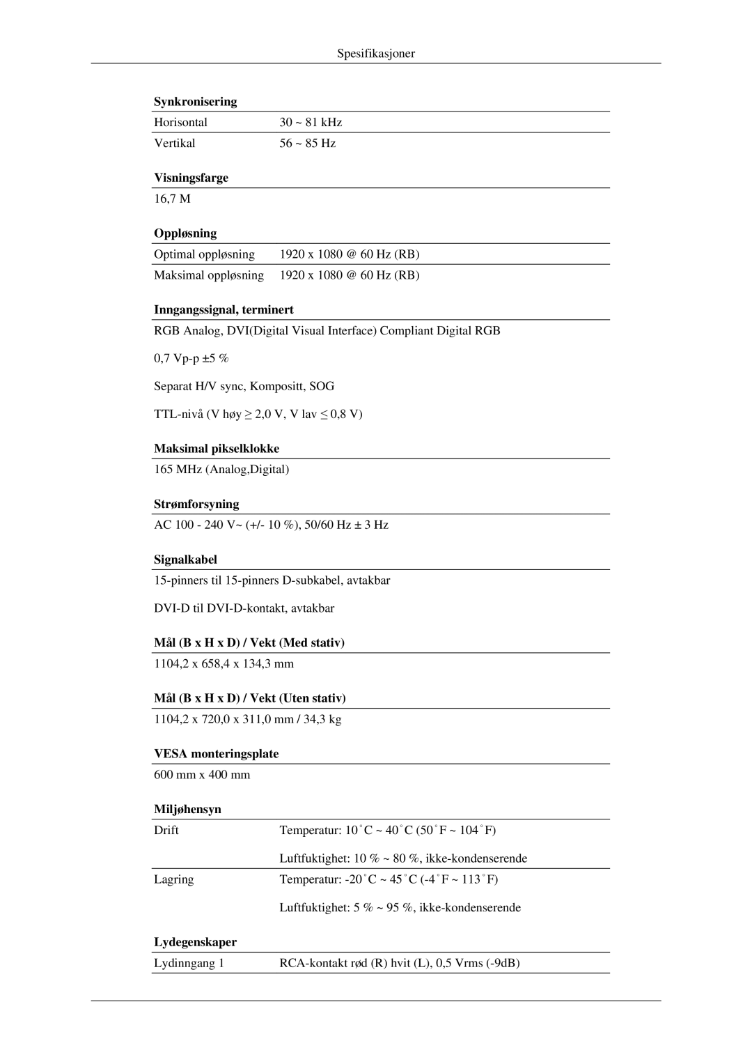 Samsung LH40TCTMBC/EN, LH46TCTMBC/EN manual Synkronisering, Mål B x H x D / Vekt Uten stativ 