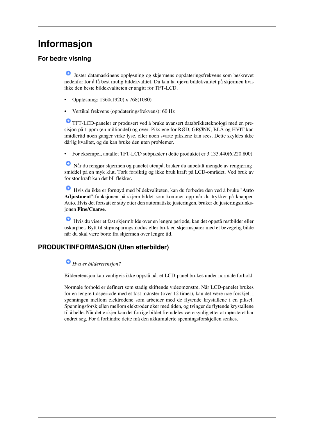 Samsung LH40TCTMBC/EN, LH46TCTMBC/EN manual For bedre visning, Produktinformasjon Uten etterbilder 