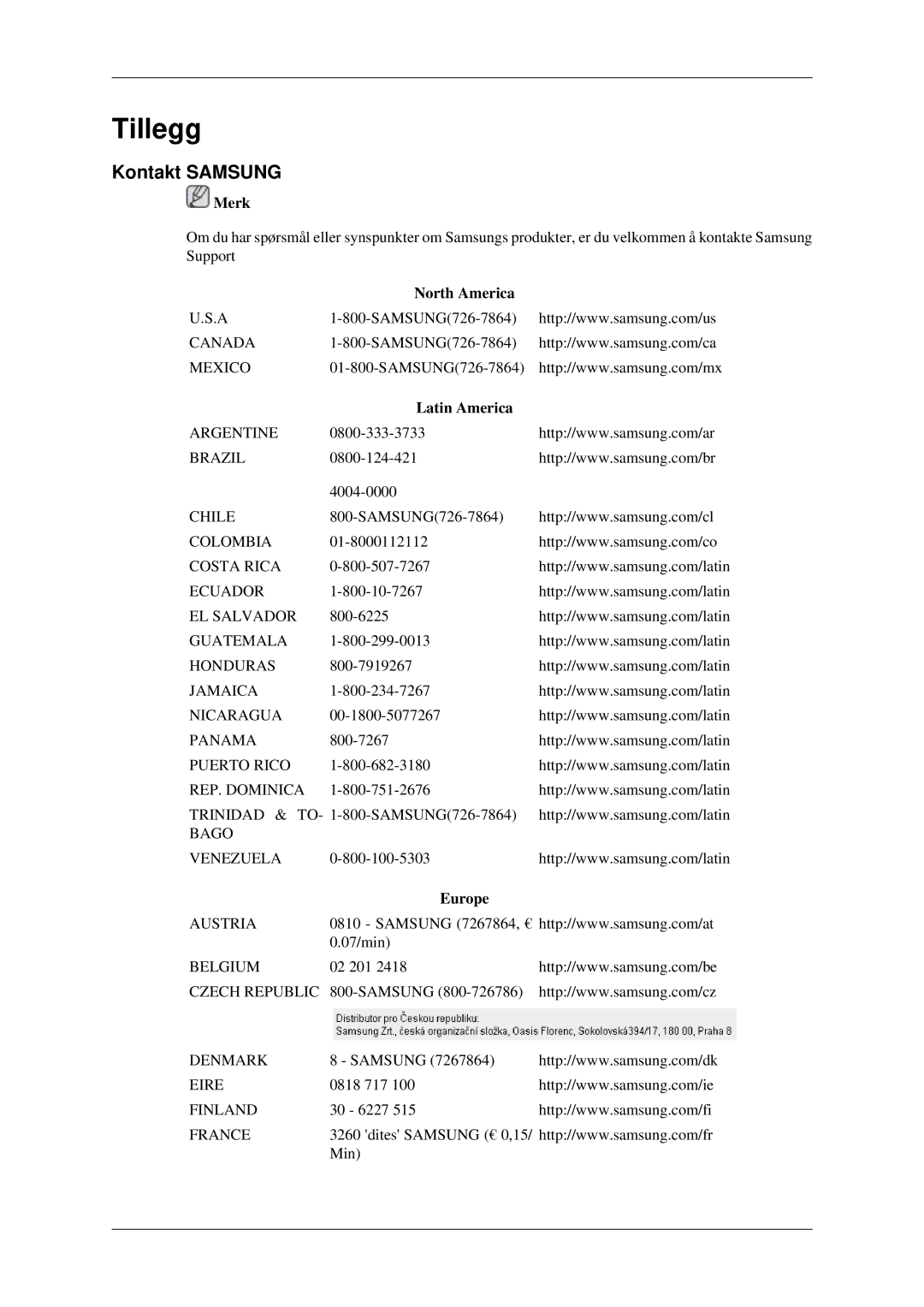 Samsung LH46TCTMBC/EN, LH40TCTMBC/EN manual Kontakt Samsung, North America, Latin America, Europe 