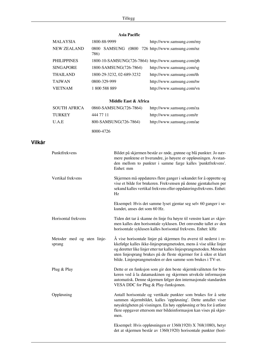 Samsung LH46TCTMBC/EN, LH40TCTMBC/EN manual Vilkår, Middle East & Africa 