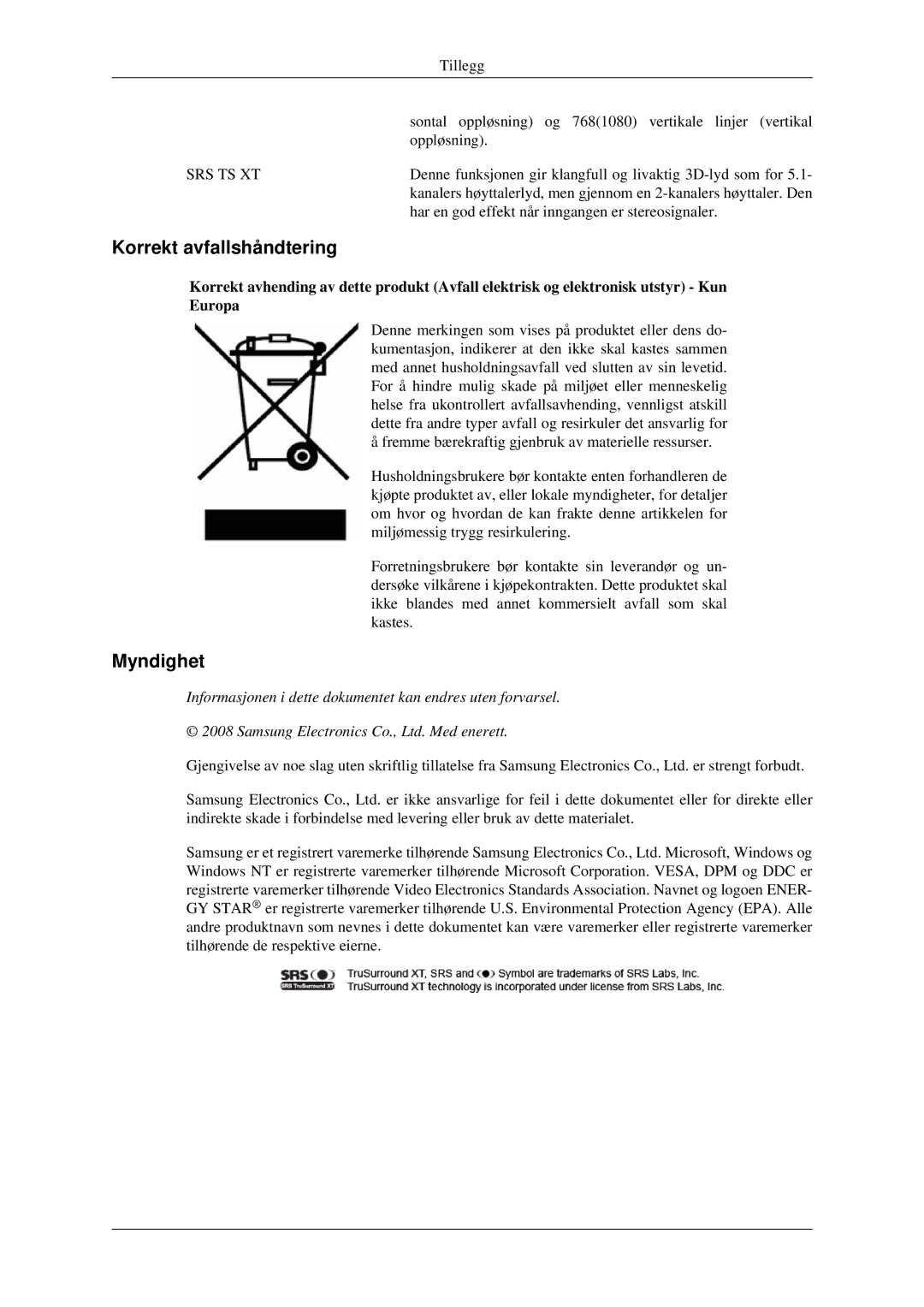 Samsung LH40TCTMBC/EN, LH46TCTMBC/EN manual Korrekt avfallshåndtering, Myndighet 