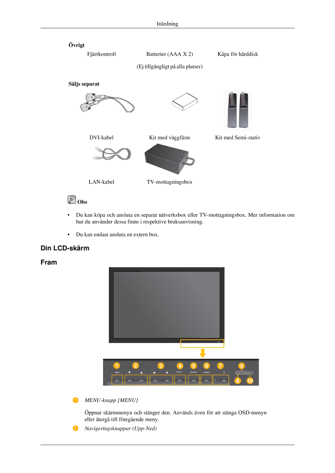 Samsung LH40TCTMBC/EN, LH46TCTMBC/EN manual Din LCD-skärm Fram, Säljs separat 