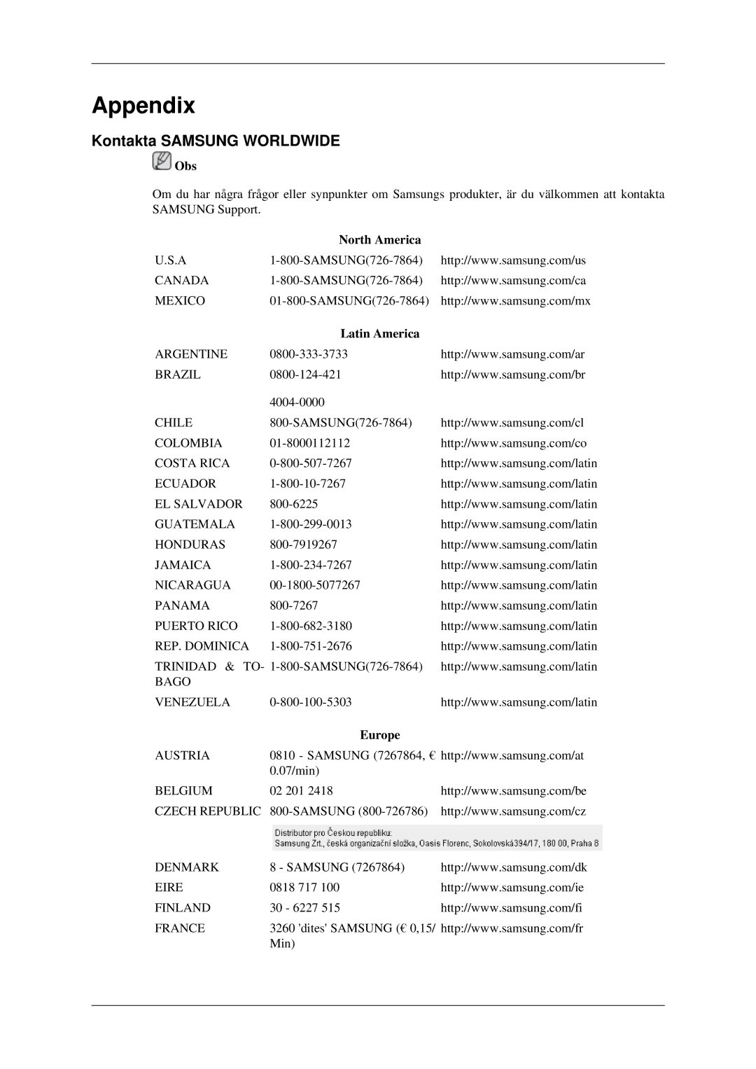 Samsung LH46TCTMBC/EN, LH40TCTMBC/EN manual Kontakta Samsung Worldwide, North America, Latin America, Europe 