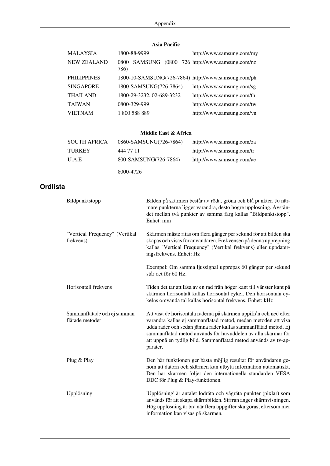 Samsung LH46TCTMBC/EN, LH40TCTMBC/EN manual Ordlista, Middle East & Africa 