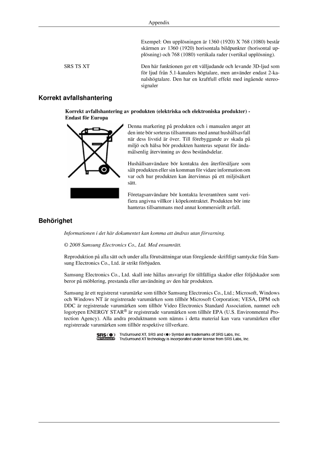 Samsung LH40TCTMBC/EN, LH46TCTMBC/EN manual Korrekt avfallshantering, Behörighet 