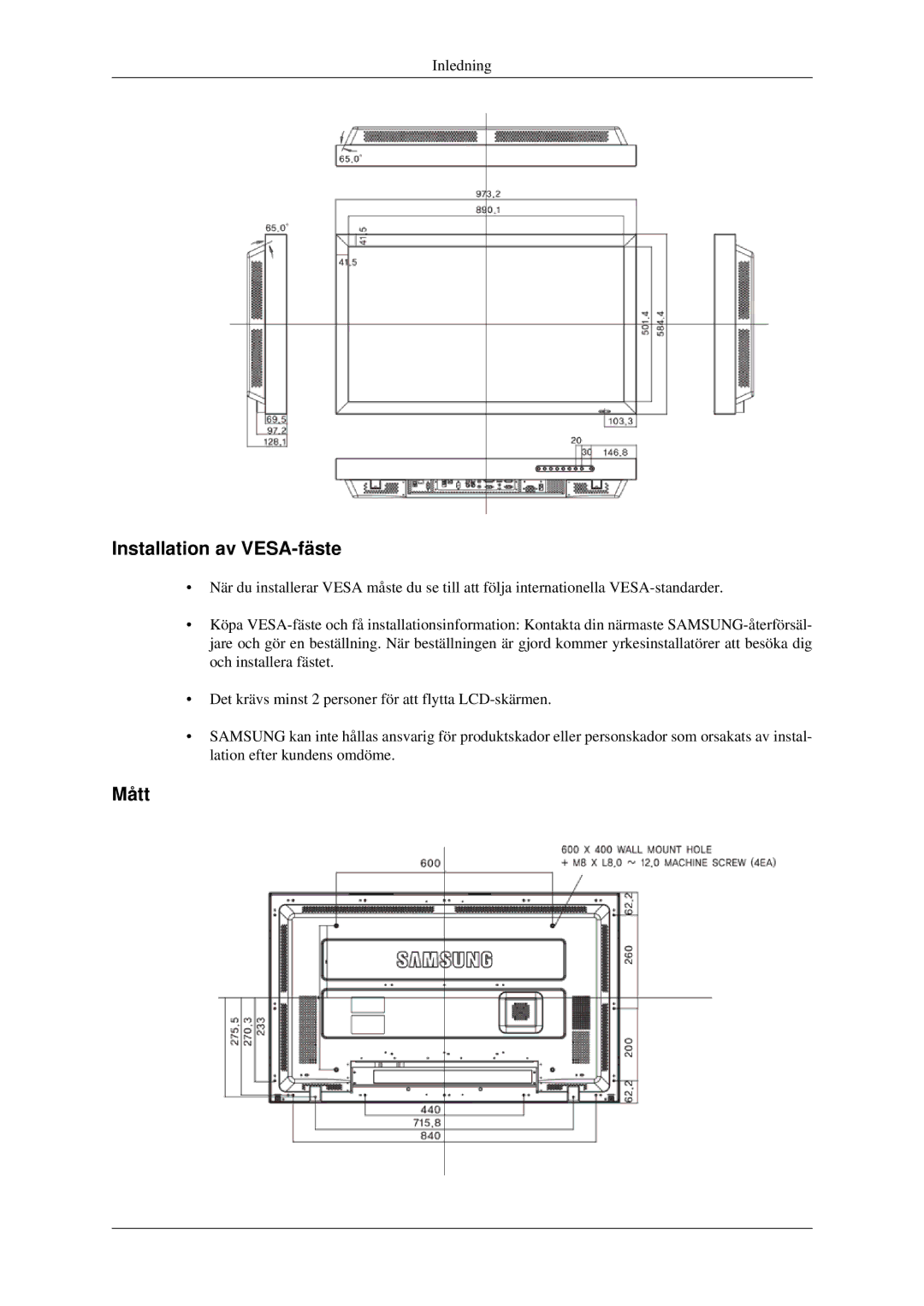 Samsung LH40TCTMBC/EN, LH46TCTMBC/EN manual Installation av VESA-fäste, Mått 