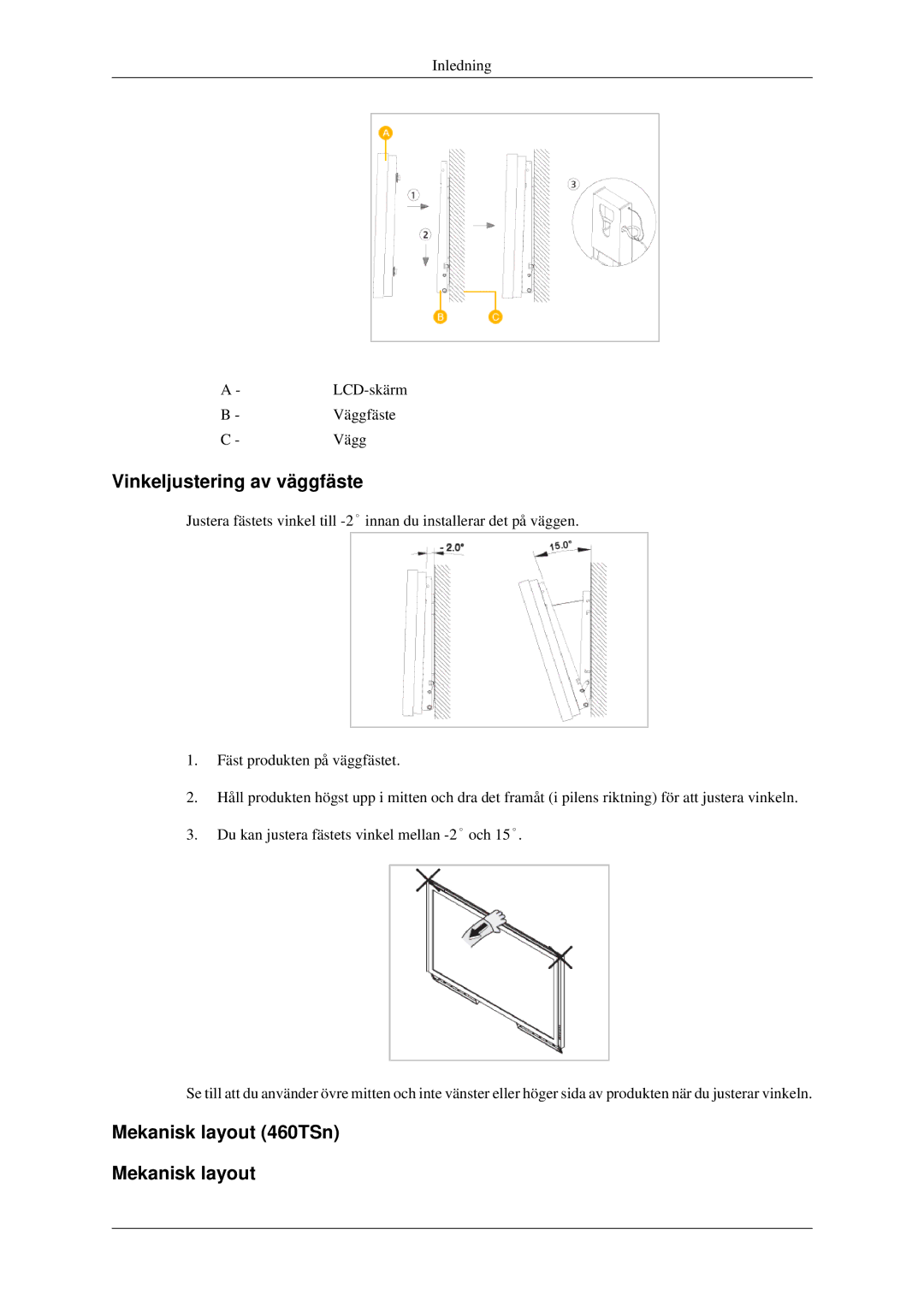 Samsung LH40TCTMBC/EN, LH46TCTMBC/EN manual Vinkeljustering av väggfäste, Mekanisk layout 460TSn 