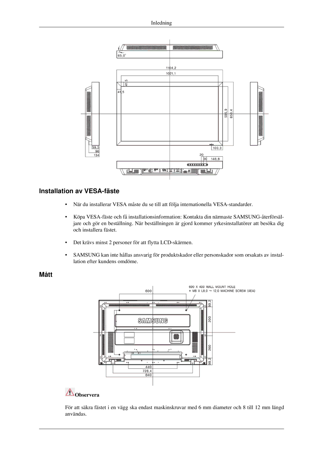 Samsung LH46TCTMBC/EN, LH40TCTMBC/EN manual Installation av VESA-fäste 