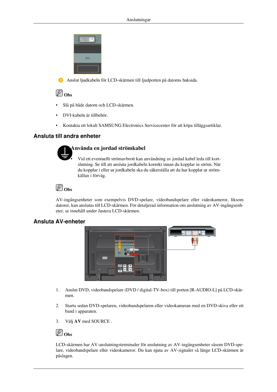 Samsung LH46TCTMBC/EN, LH40TCTMBC/EN manual Ansluta till andra enheter, Ansluta AV-enheter 