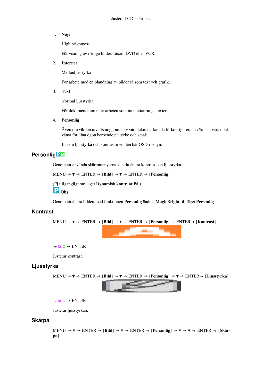 Samsung LH40TCTMBC/EN, LH46TCTMBC/EN manual Personlig, Kontrast, Ljusstyrka, Skärpa 