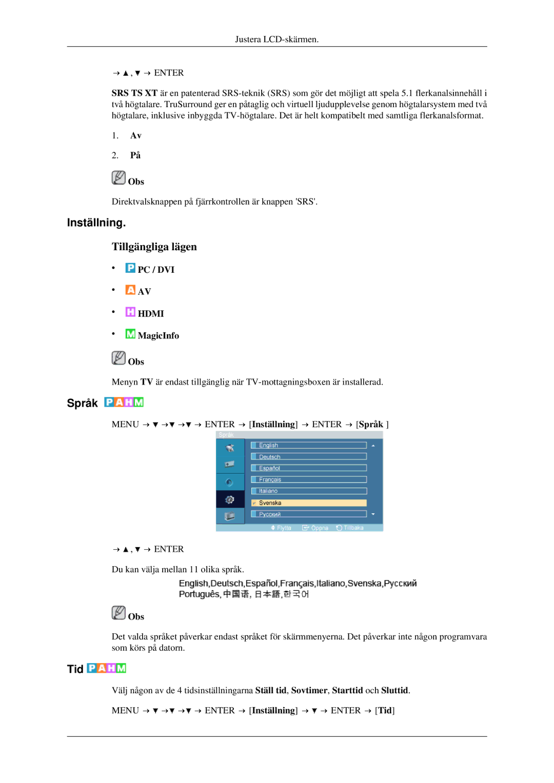 Samsung LH46TCTMBC/EN, LH40TCTMBC/EN manual Inställning, Språk, Tid 