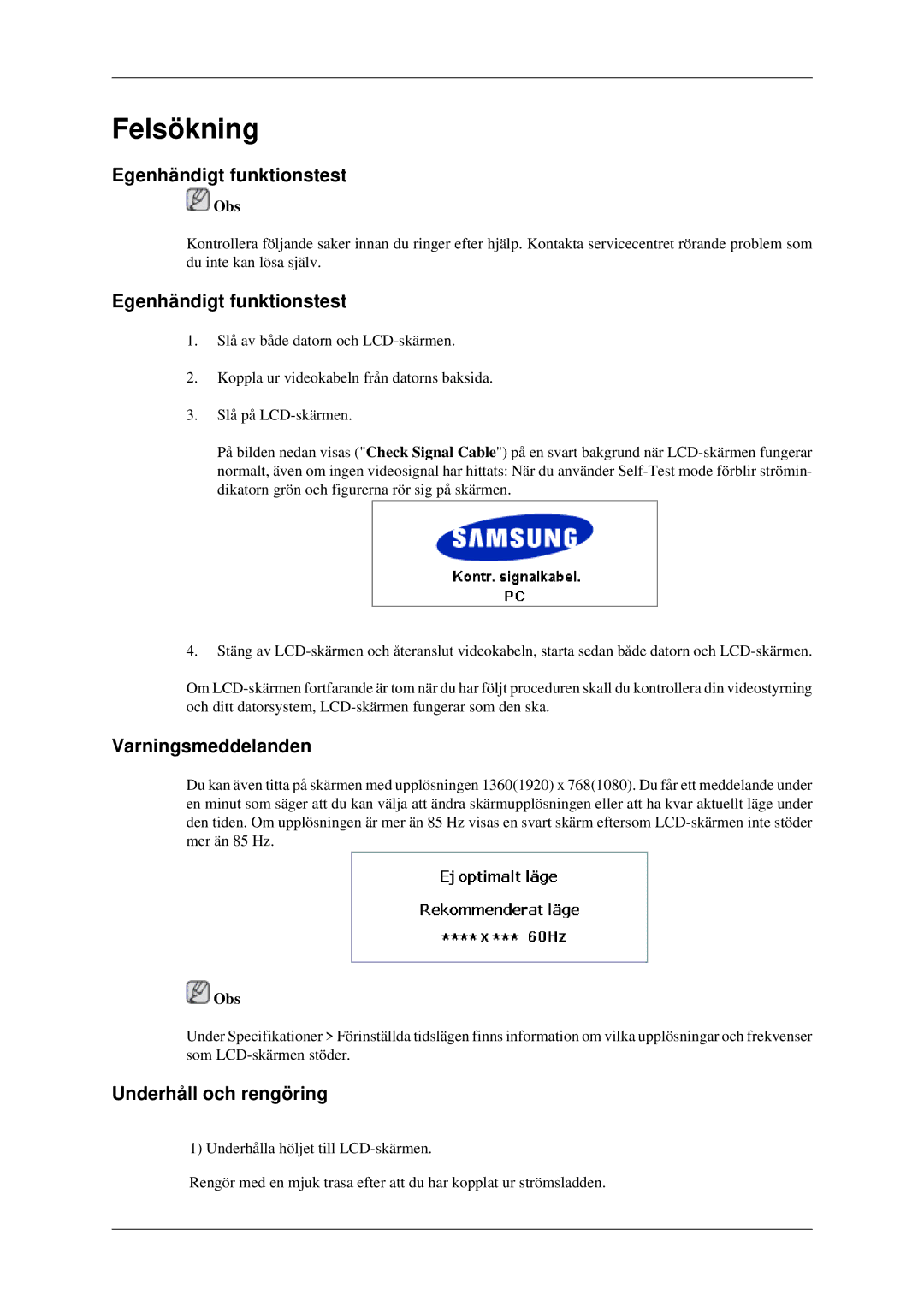 Samsung LH40TCTMBC/EN, LH46TCTMBC/EN manual Egenhändigt funktionstest, Varningsmeddelanden, Underhåll och rengöring 