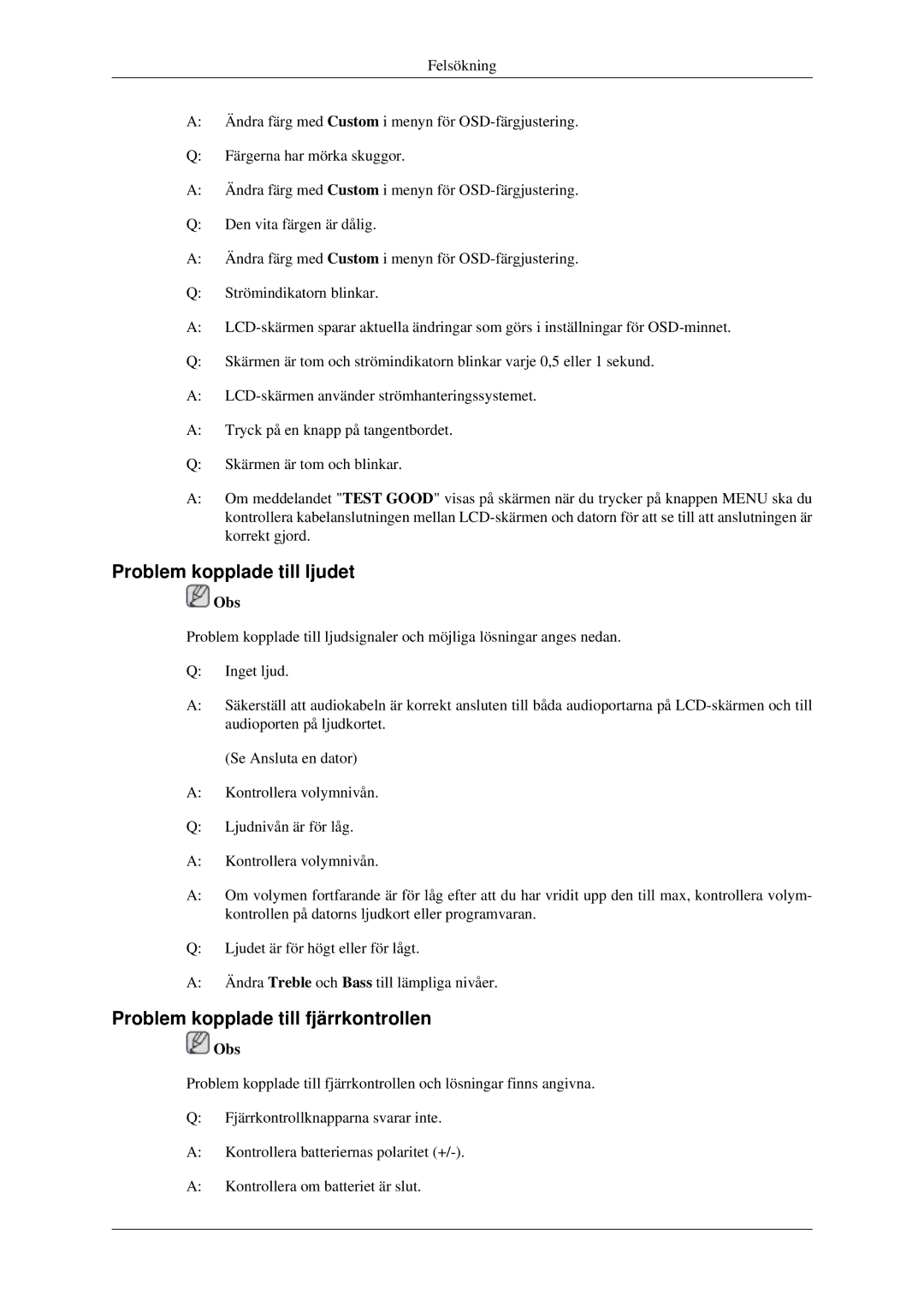 Samsung LH46TCTMBC/EN, LH40TCTMBC/EN manual Problem kopplade till ljudet, Problem kopplade till fjärrkontrollen 