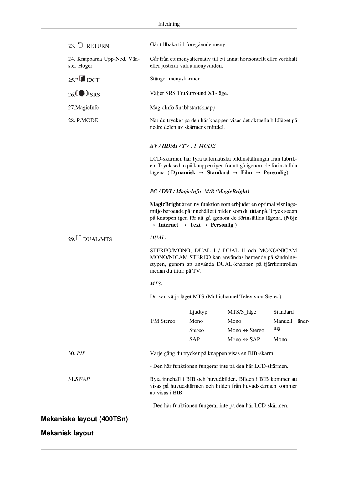 Samsung LH40TCTMBC/EN, LH46TCTMBC/EN manual Mekaniska layout 400TSn Mekanisk layout, → Internet → Text → Personlig 