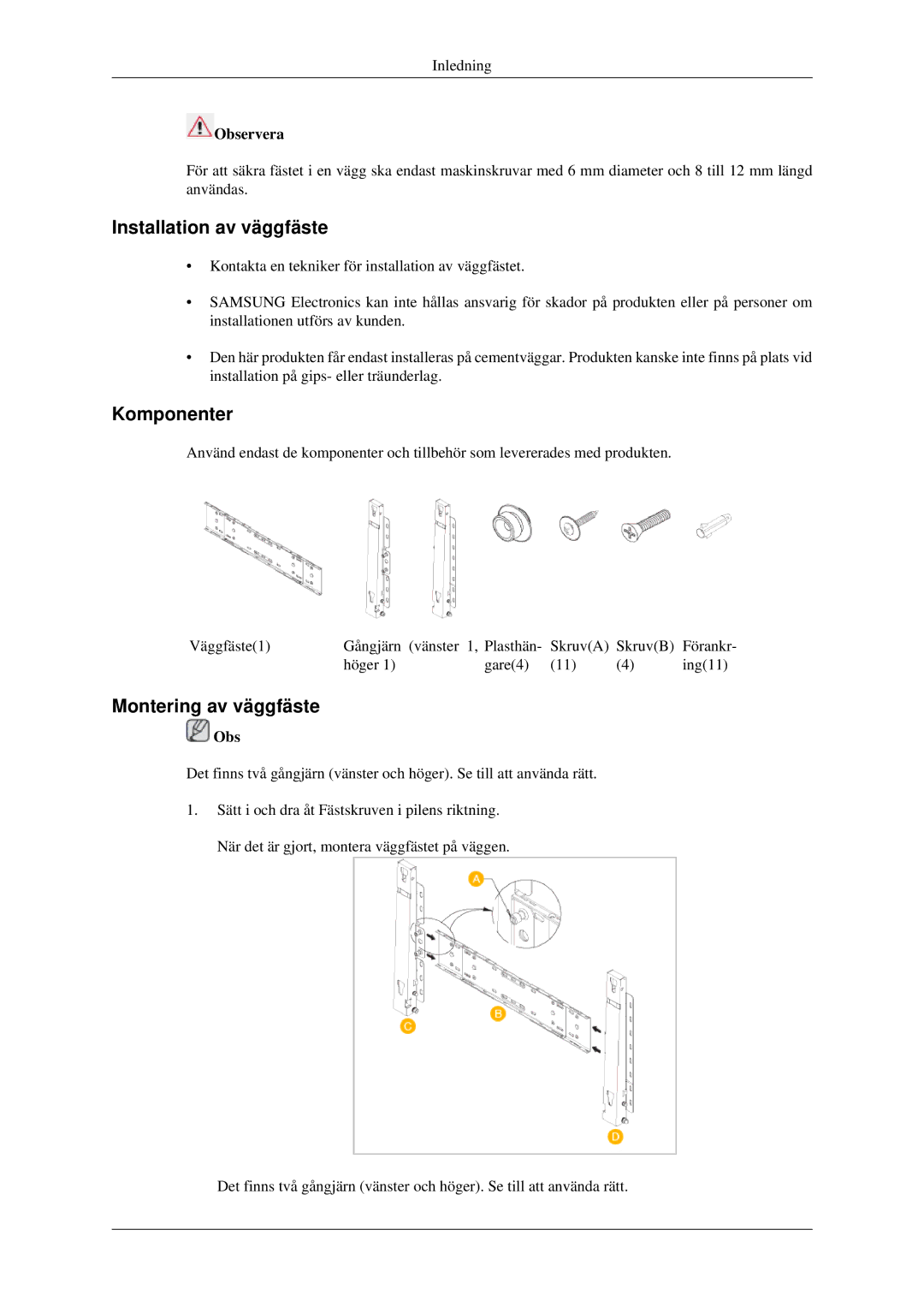 Samsung LH40TCTMBC/EN, LH46TCTMBC/EN manual Installation av väggfäste, Komponenter, Montering av väggfäste, Observera 