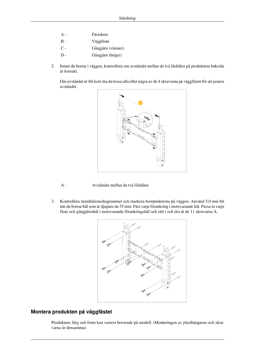 Samsung LH46TCTMBC/EN, LH40TCTMBC/EN manual Montera produkten på väggfästet 