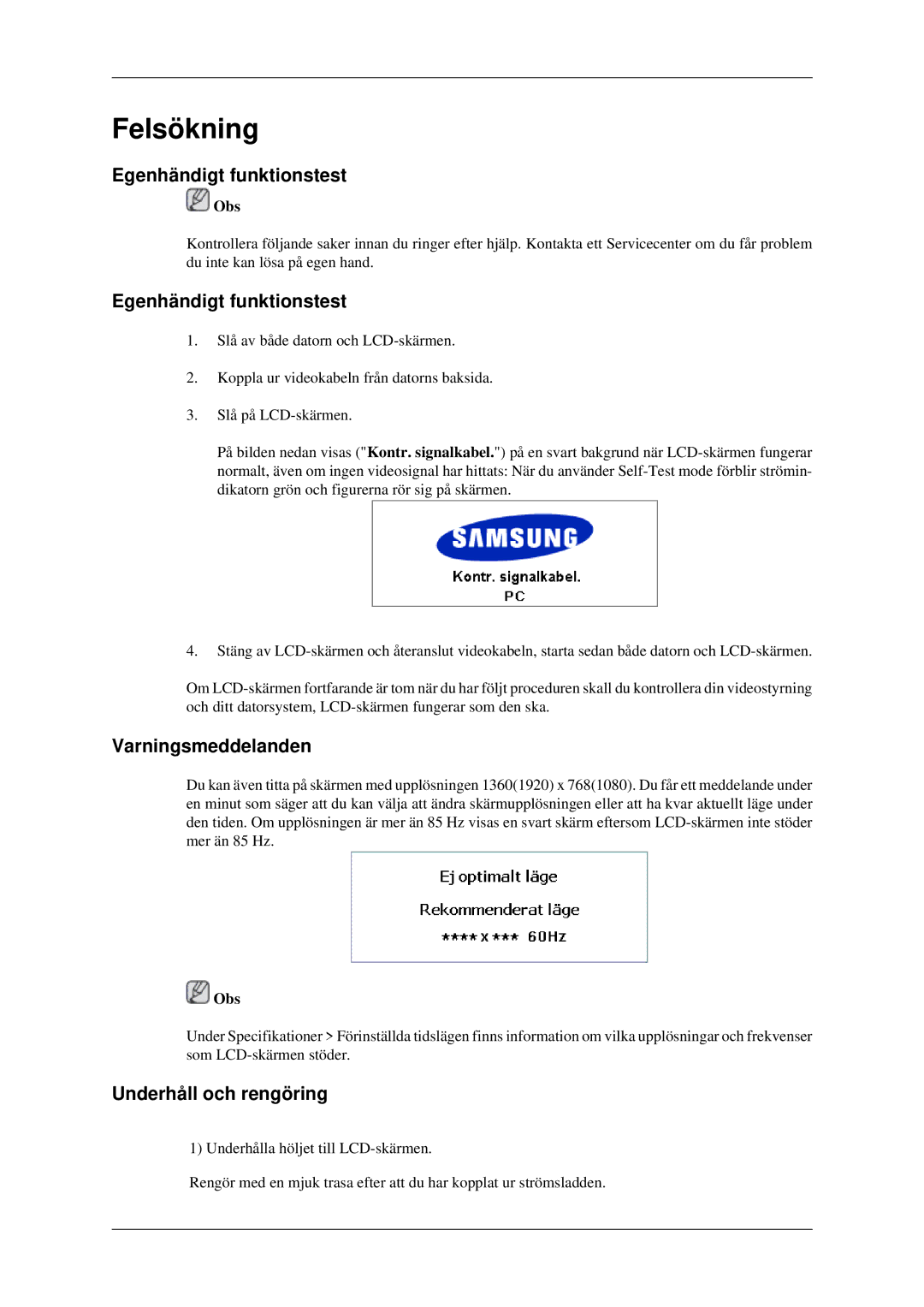 Samsung LH40TCTMBC/EN, LH46TCTMBC/EN manual Egenhändigt funktionstest, Varningsmeddelanden, Underhåll och rengöring 