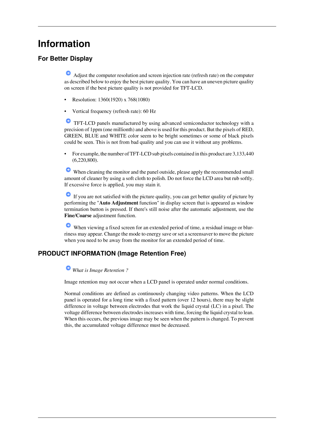 Samsung LH46TCTMBC/EN, LH40TCTMBC/EN, LH46TCTQBC/XJ manual For Better Display, Product Information Image Retention Free 