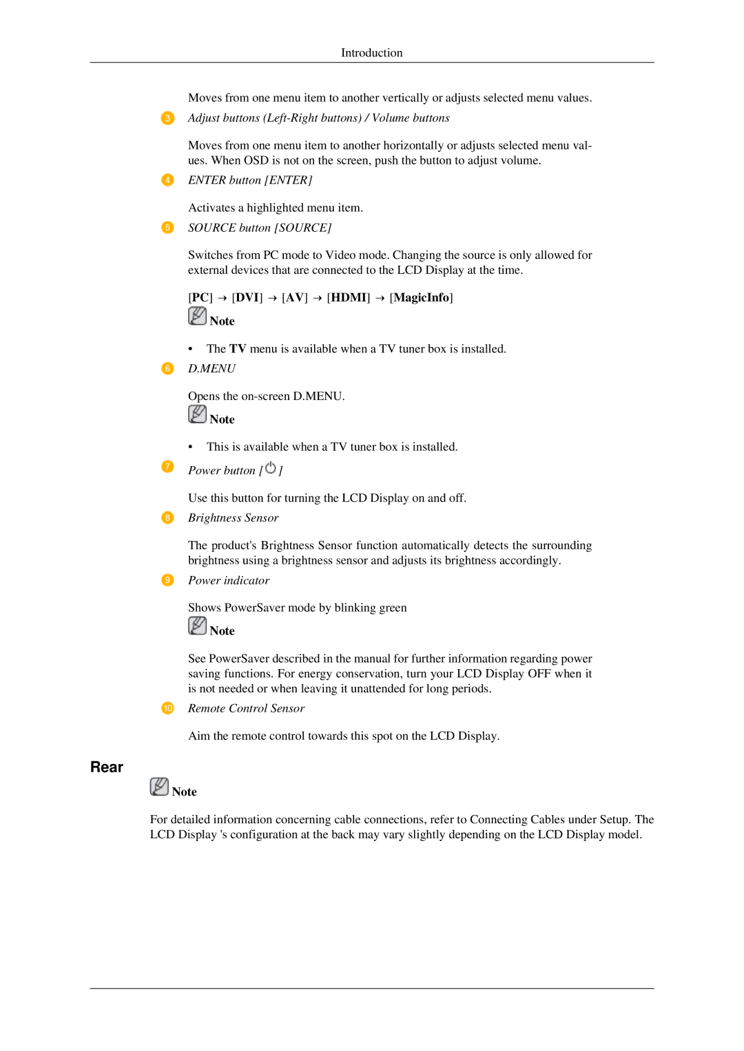 Samsung LH40TCTMBC/XY, LH40TCTMBC/EN, LH46TCTQBC/XJ, LH46TCTMBC/EN manual Rear, PC → DVI → AV → Hdmi → MagicInfo 