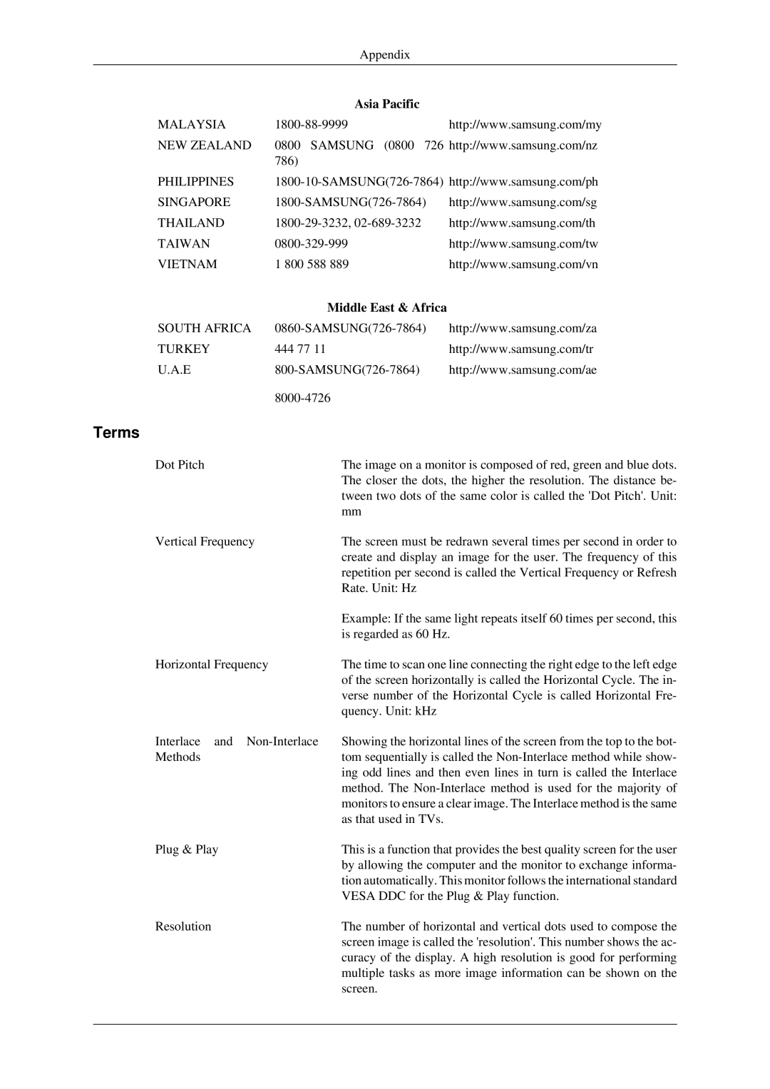 Samsung LH46TCTQBC/XJ, LH40TCTMBC/EN, LH46TCTMBC/EN, LH40TCTMBC/XY manual Terms, Middle East & Africa 