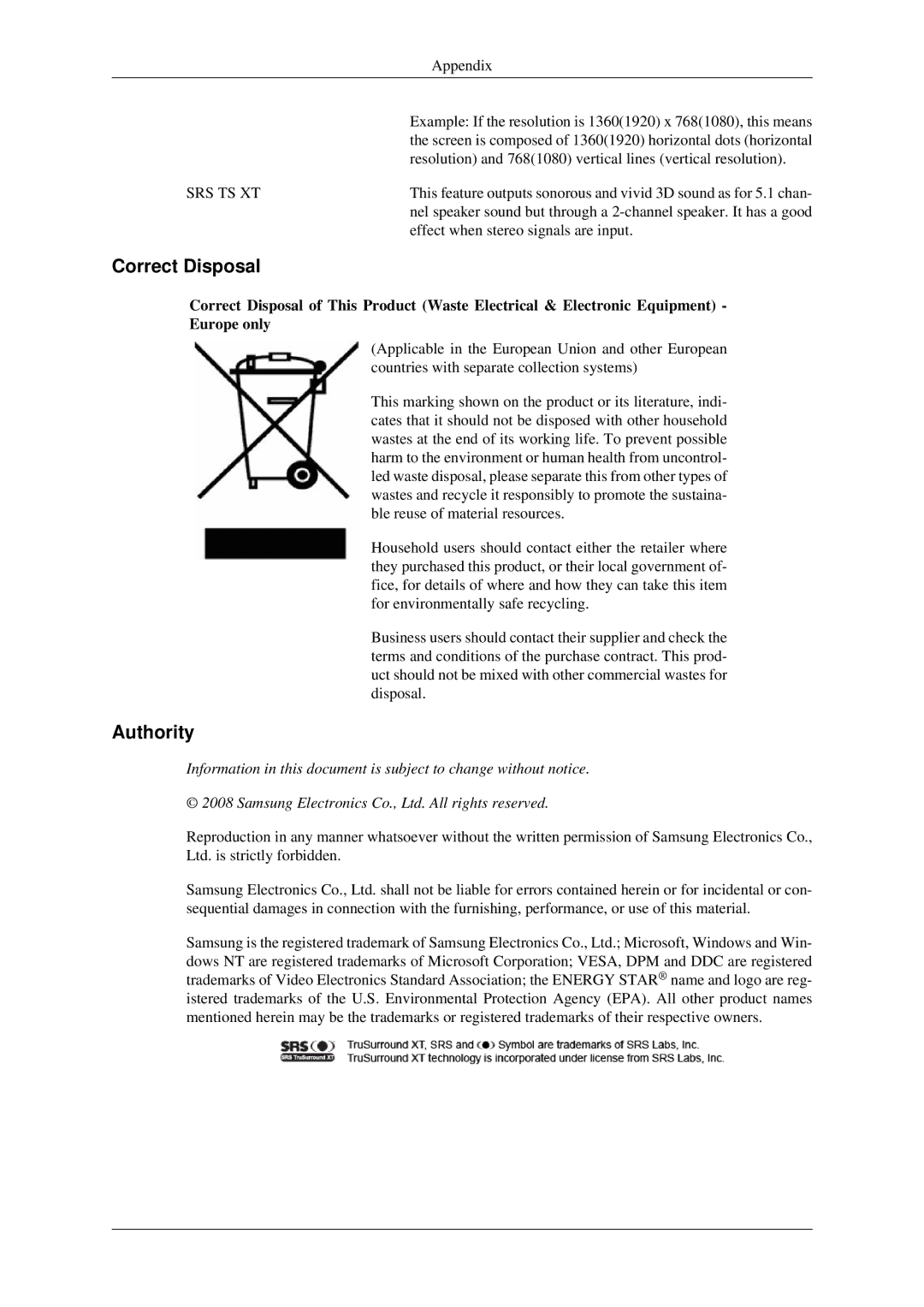 Samsung LH46TCTMBC/EN, LH40TCTMBC/EN, LH46TCTQBC/XJ, LH40TCTMBC/XY manual Correct Disposal, Authority 