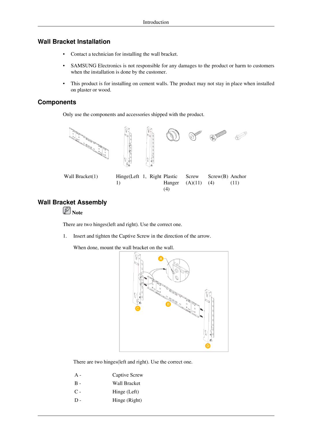 Samsung LH40TCTMBC/EN, LH46TCTQBC/XJ, LH46TCTMBC/EN, LH40TCTMBC/XY manual Wall Bracket Installation 