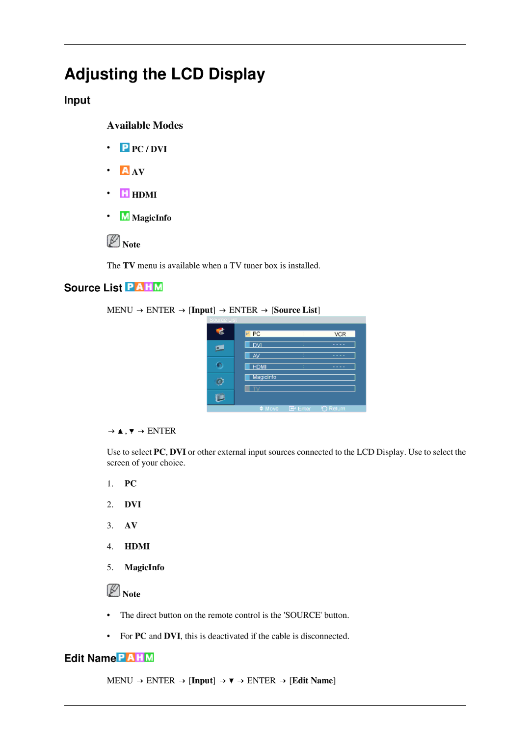 Samsung LH40TCTMBC/EN, LH46TCTQBC/XJ, LH46TCTMBC/EN, LH40TCTMBC/XY manual Input, Source List, Edit Name 