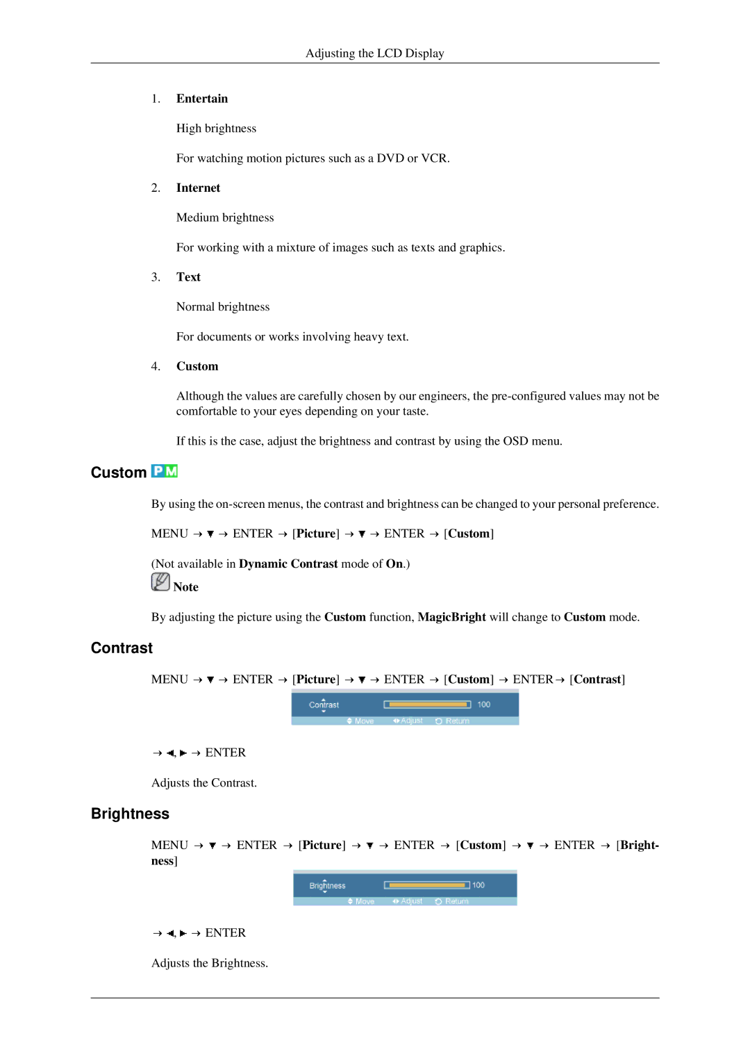 Samsung LH46TCTMBC/EN, LH40TCTMBC/EN, LH46TCTQBC/XJ, LH40TCTMBC/XY manual Custom, Contrast, Brightness 