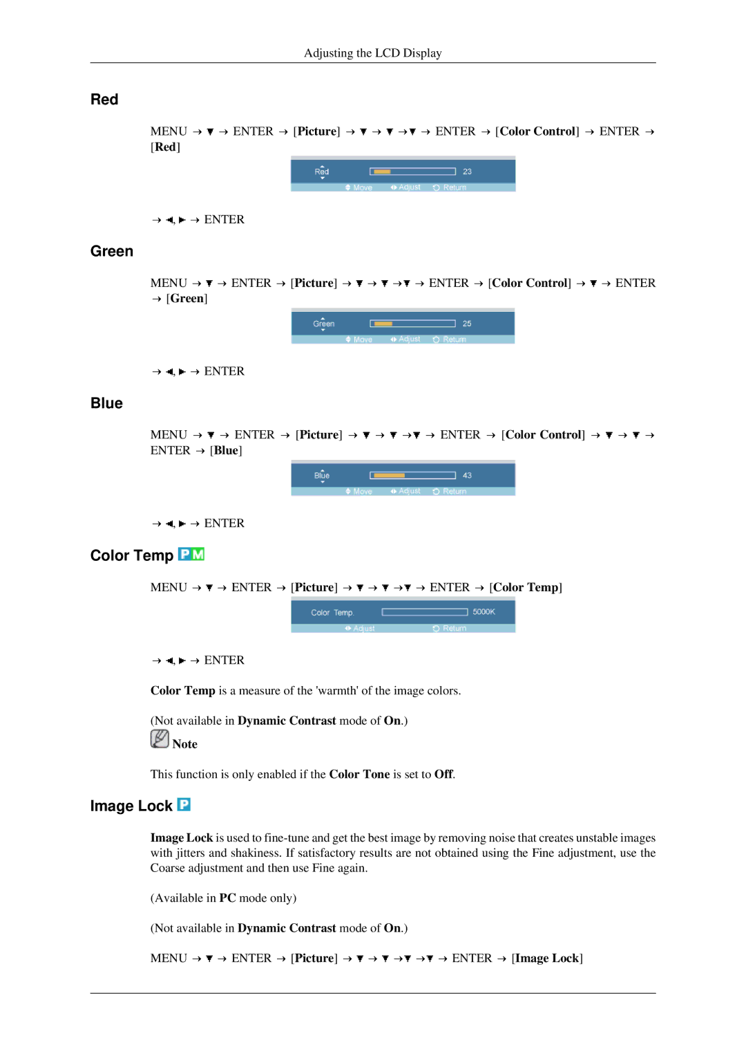 Samsung LH40TCTMBC/EN, LH46TCTQBC/XJ, LH46TCTMBC/EN, LH40TCTMBC/XY manual Red, Green, Blue, Color Temp, Image Lock 