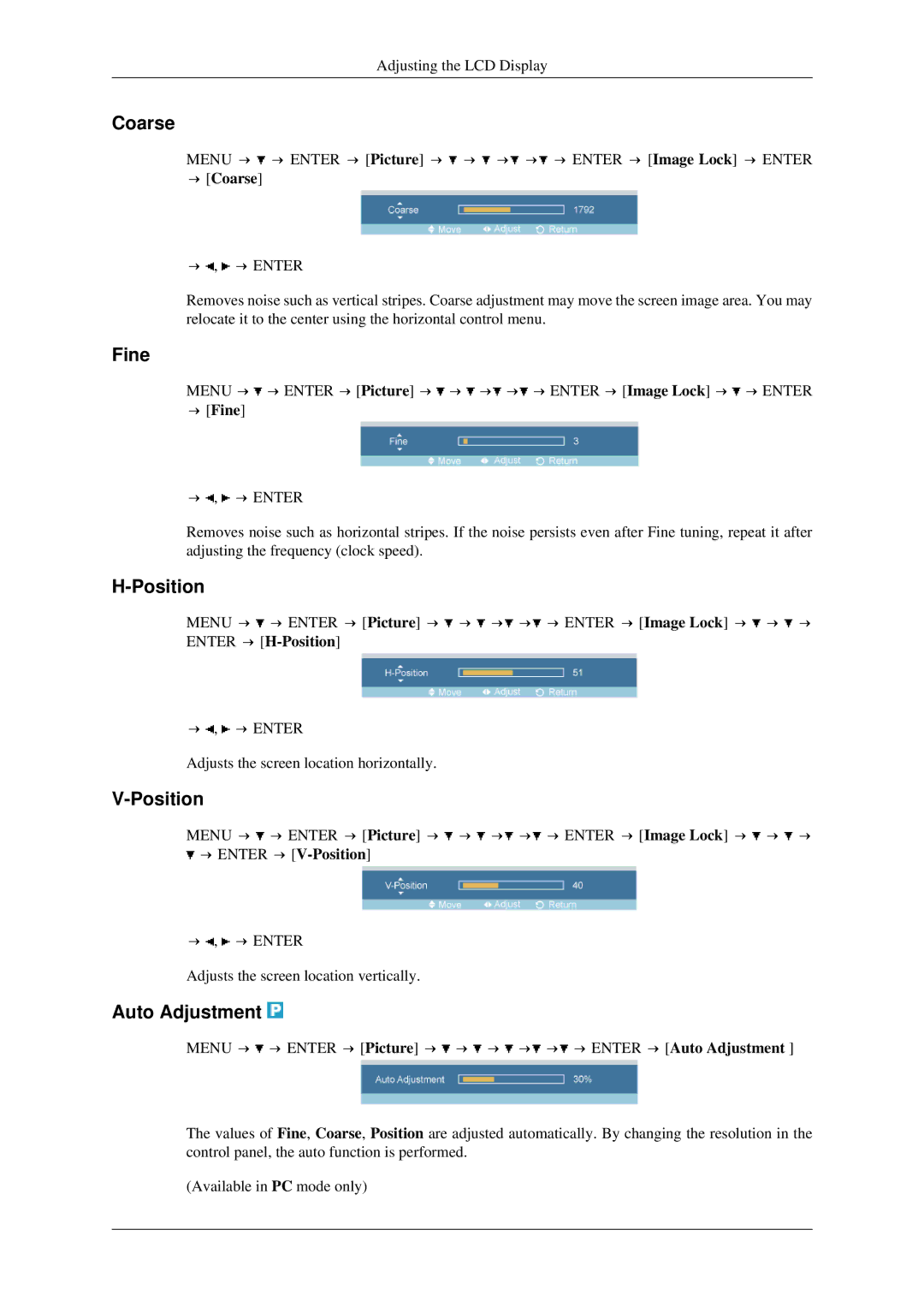 Samsung LH46TCTQBC/XJ, LH40TCTMBC/EN, LH46TCTMBC/EN, LH40TCTMBC/XY manual Coarse, Fine, Position, Auto Adjustment 
