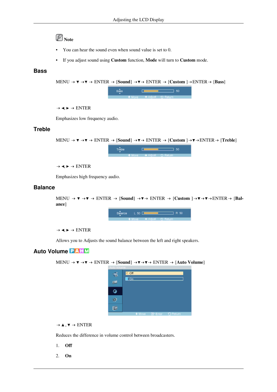 Samsung LH46TCTMBC/EN, LH40TCTMBC/EN, LH46TCTQBC/XJ, LH40TCTMBC/XY manual Bass, Treble, Balance, Auto Volume 