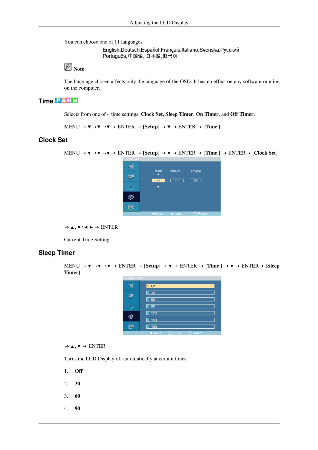 Samsung LH40TCTMBC/EN, LH46TCTQBC/XJ, LH46TCTMBC/EN, LH40TCTMBC/XY manual Clock Set, Sleep Timer 