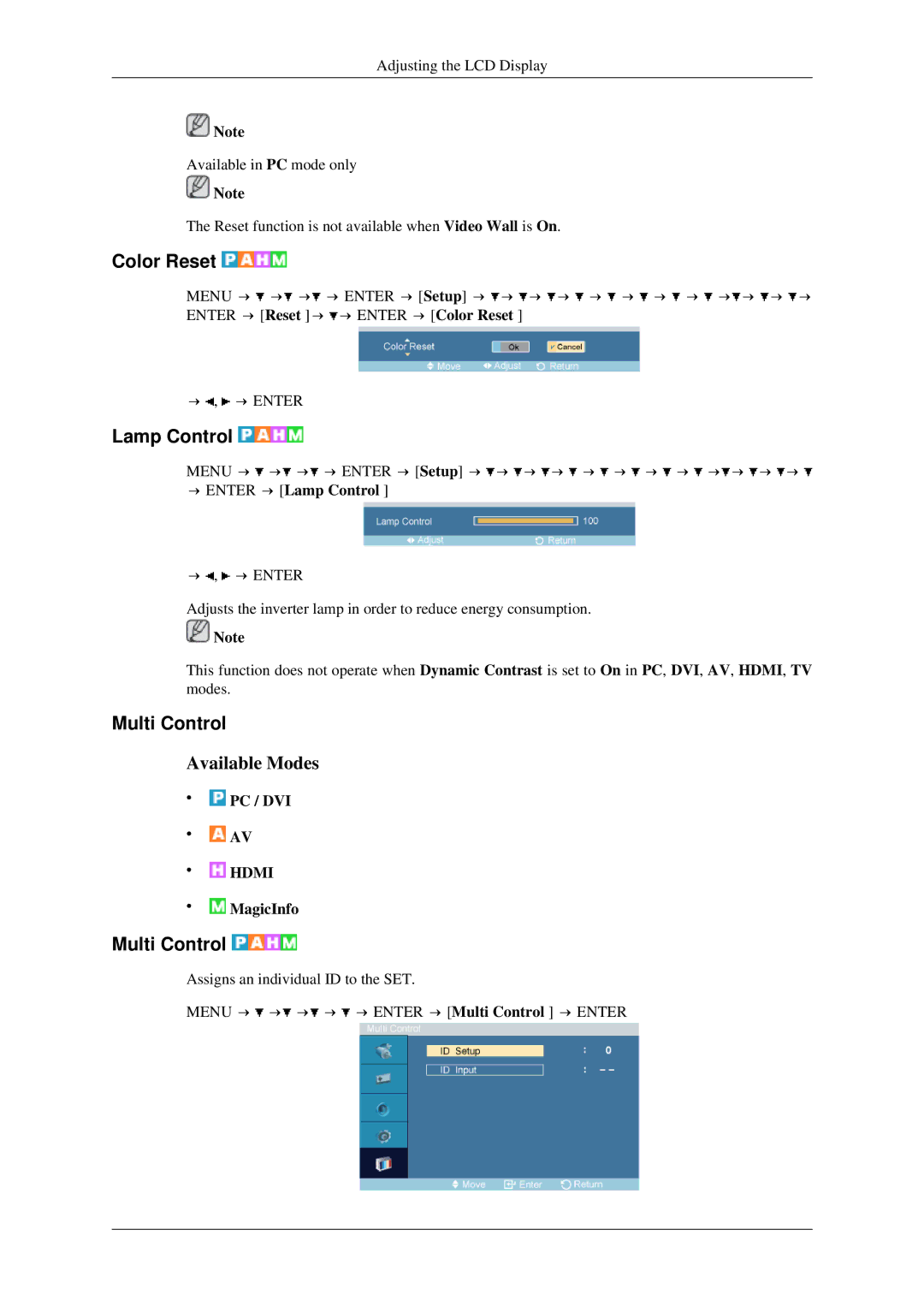 Samsung LH40TCTMBC/XY, LH40TCTMBC/EN, LH46TCTQBC/XJ, LH46TCTMBC/EN Color Reset, Multi Control, → Enter → Lamp Control 