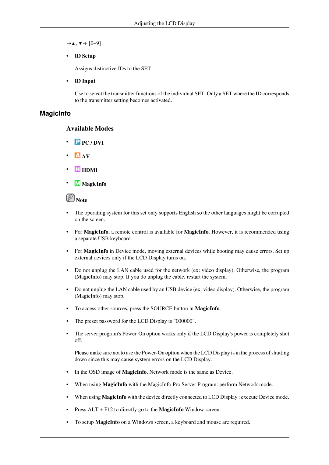 Samsung LH40TCTMBC/EN, LH46TCTQBC/XJ, LH46TCTMBC/EN, LH40TCTMBC/XY manual MagicInfo, ID Setup, ID Input 