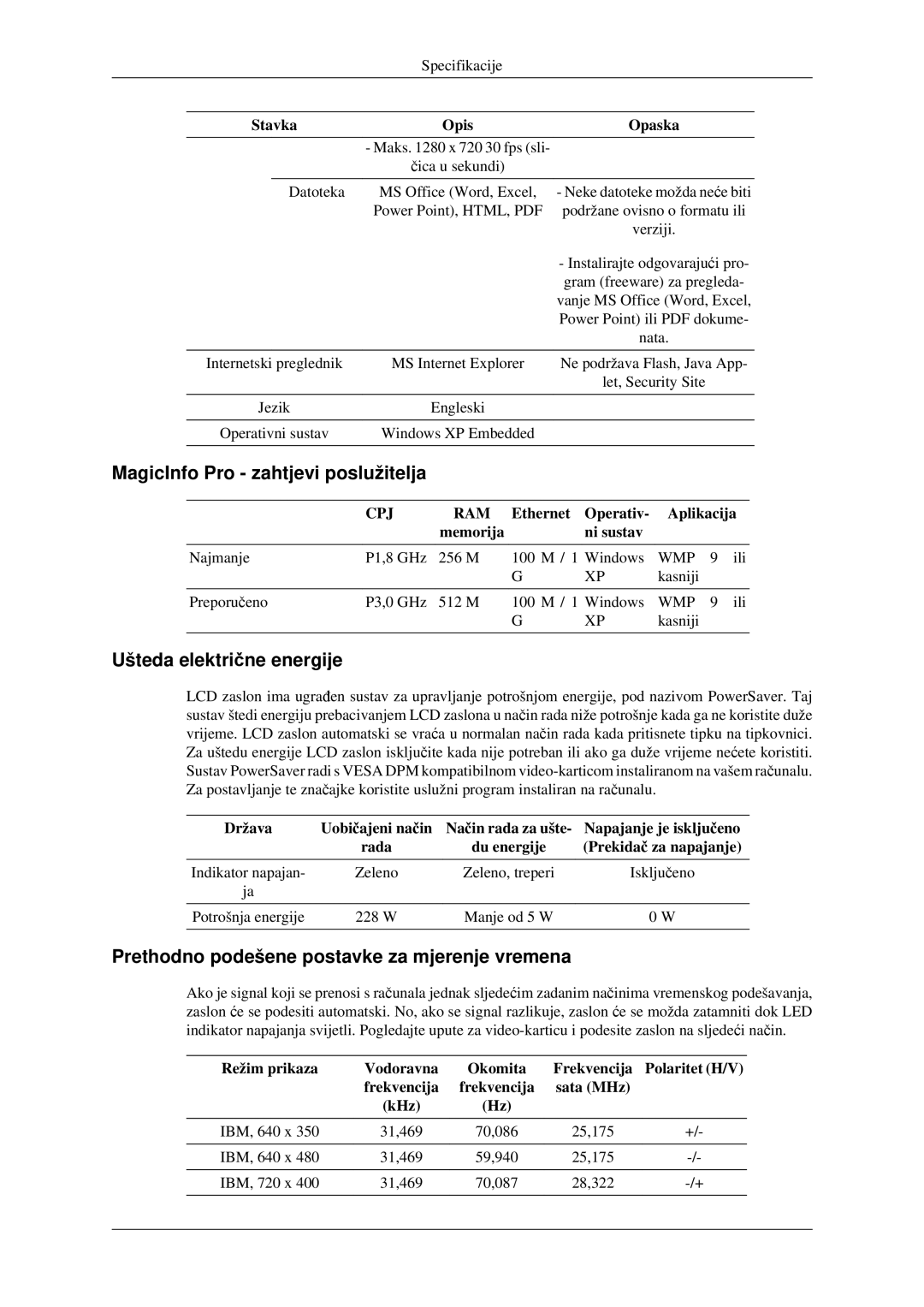 Samsung LH40TCTMBC/EN manual MagicInfo Pro zahtjevi poslužitelja, Ušteda električne energije 