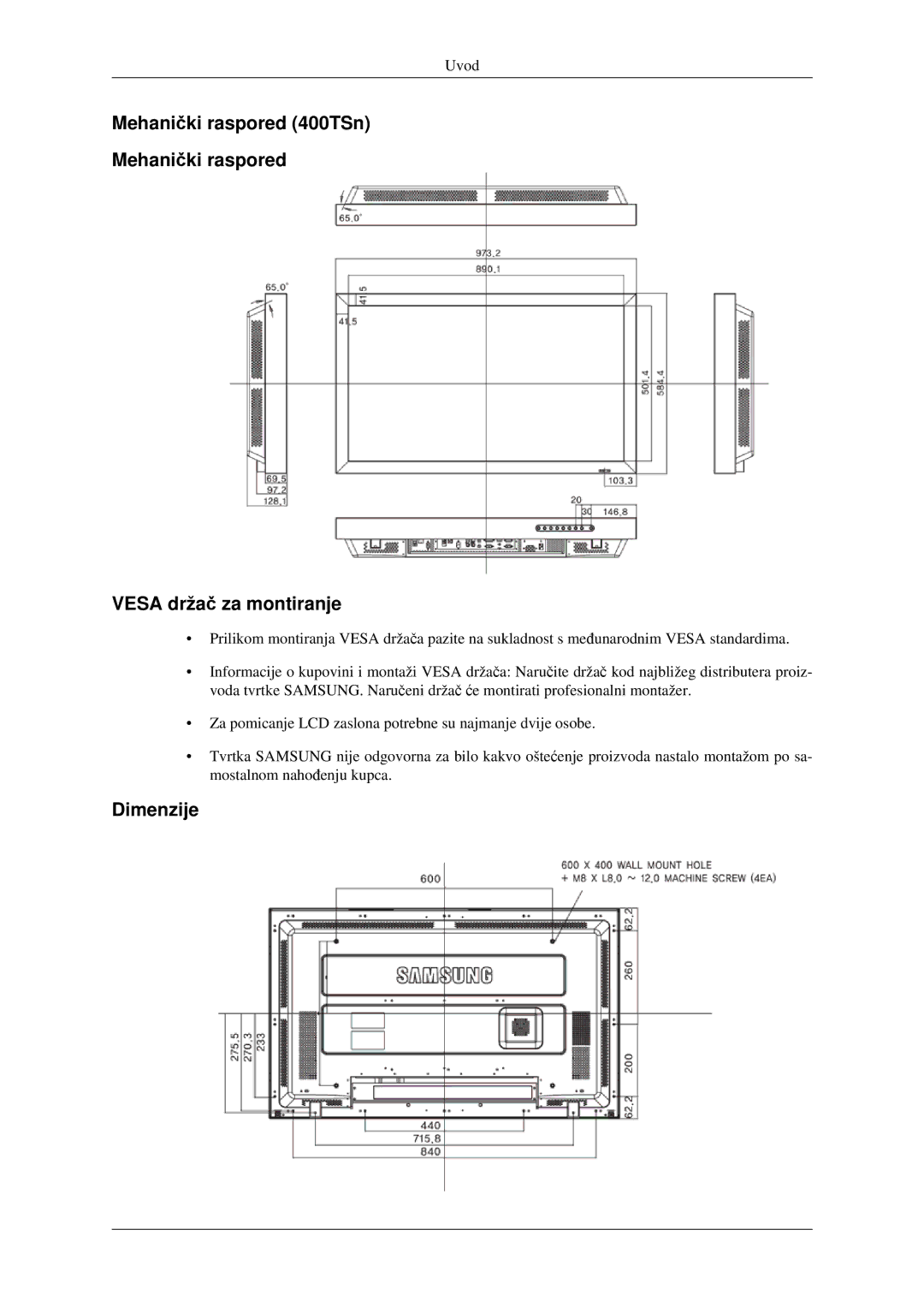 Samsung LH40TCTMBC/EN manual Mehanički raspored 400TSn Vesa držač za montiranje, Dimenzije 