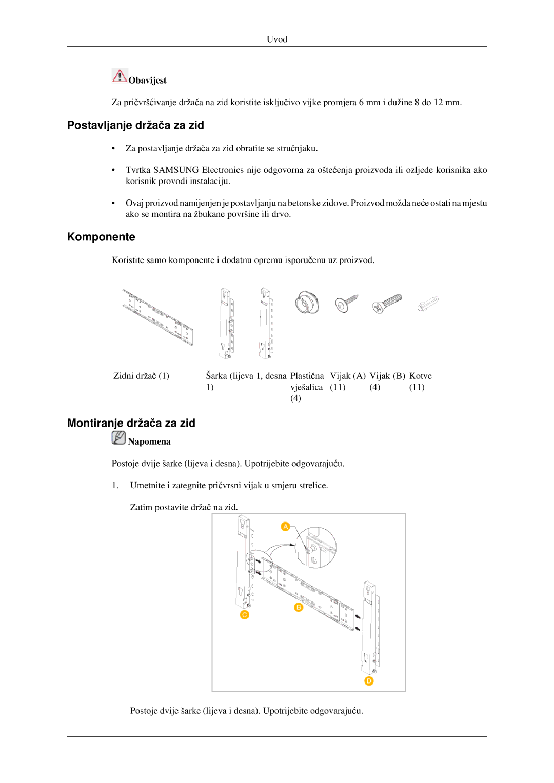 Samsung LH40TCTMBC/EN manual Postavljanje držača za zid, Komponente, Montiranje držača za zid, Obavijest 