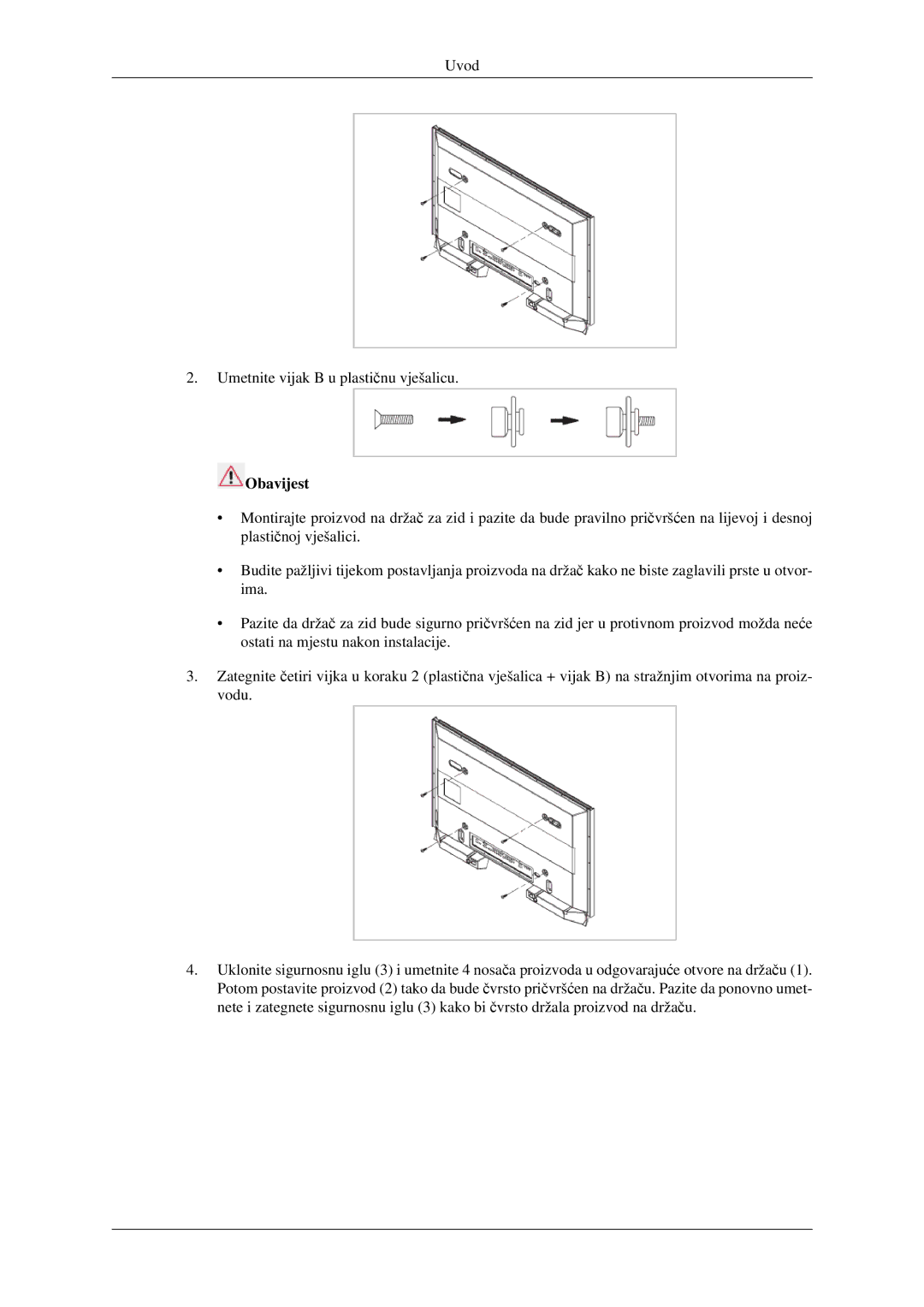 Samsung LH40TCTMBC/EN manual Uvod Umetnite vijak B u plastičnu vješalicu 