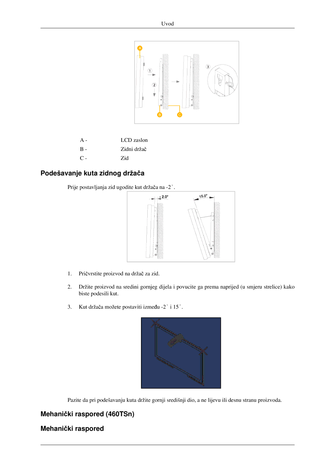 Samsung LH40TCTMBC/EN manual Podešavanje kuta zidnog držača, Mehanički raspored 460TSn 